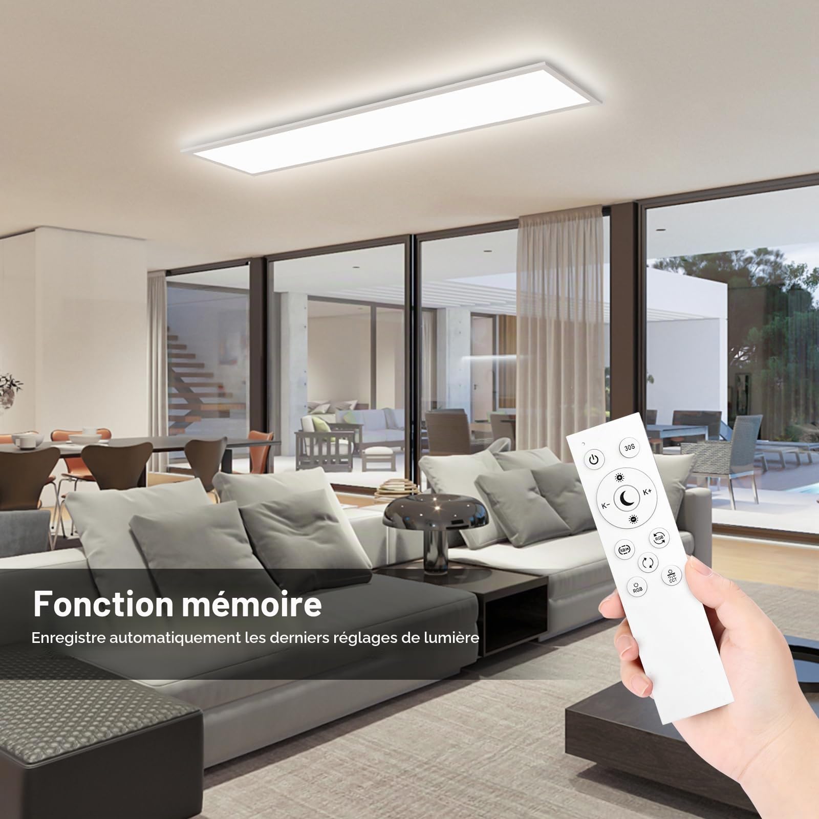 Panneau de plafonnier à LED, 100x25cm plafonnier plat à intensité variable avec télécommande, lampe de panneau de plafond 30W avec fonction de mémoire, 2700K-6500K panneau d'éclairage à LED