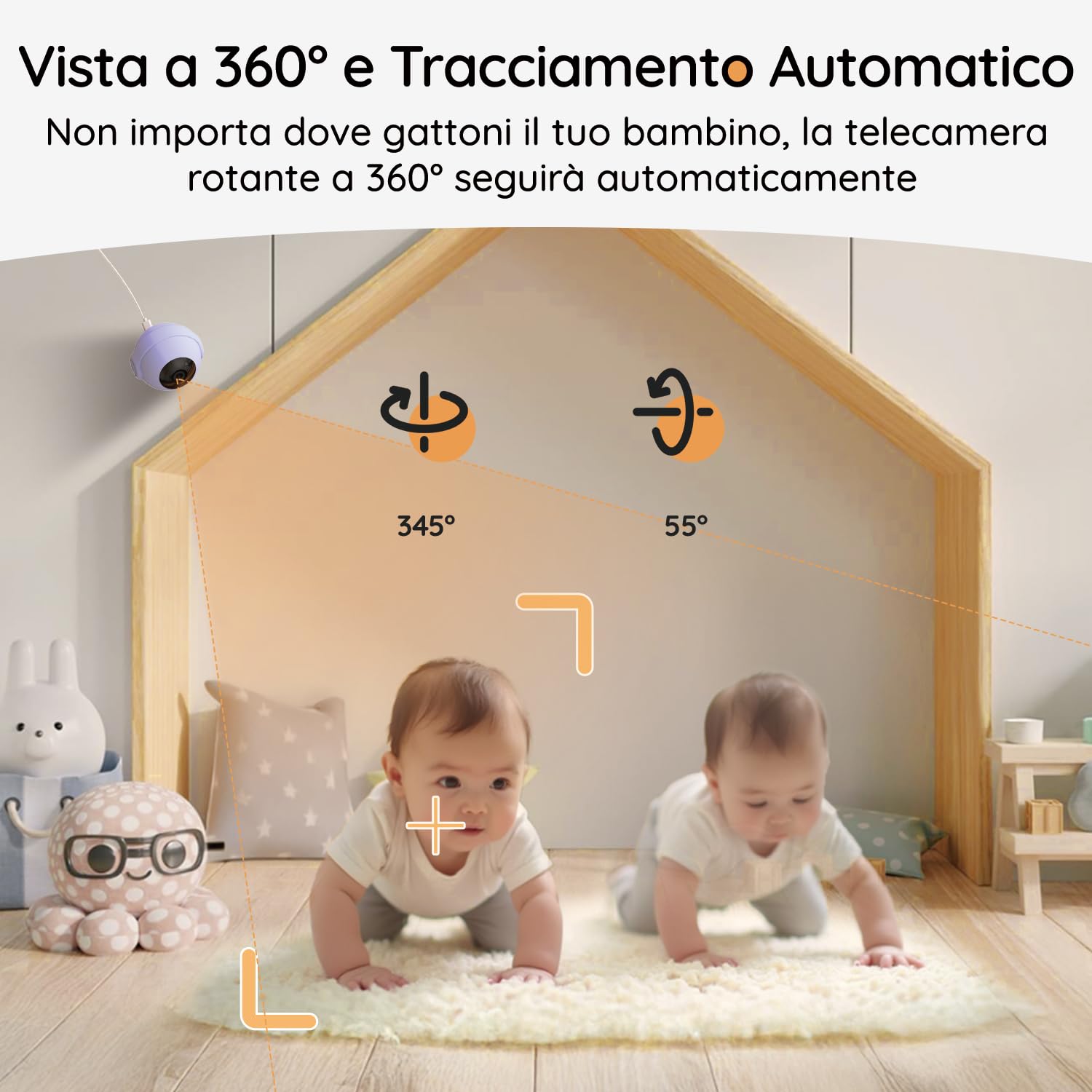 Boifun Video Baby Monitor WiFi 2K con Display 5”, Doppio Controllo (App e Monitor), Visione Notturna Senza Disturbi, Rilevamento Pianto/Movimento/Temperatura/Umidità, 360° Rotazione, 19h Autonomia