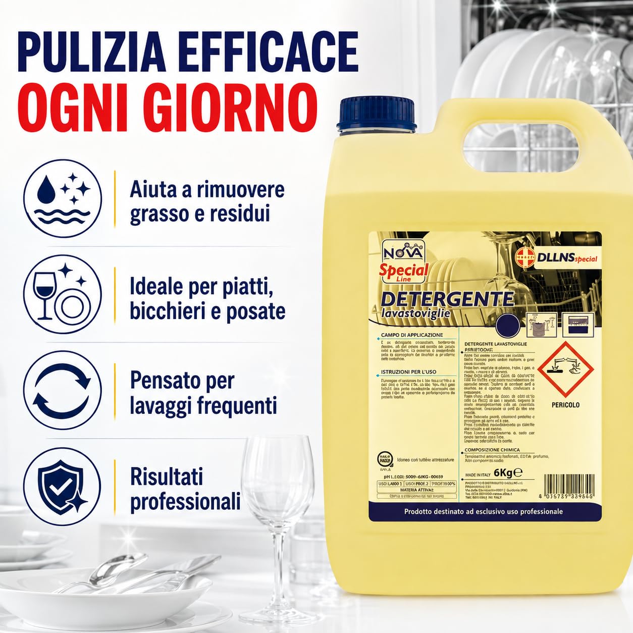 Detergente Lavastoviglie Professionale Liquido, 4 Taniche da 6 kg, Detergente Concentrato per Acque Dure, Pulizia Stoviglie per Ristoranti, Hotel, Bar e Cucine Professionali