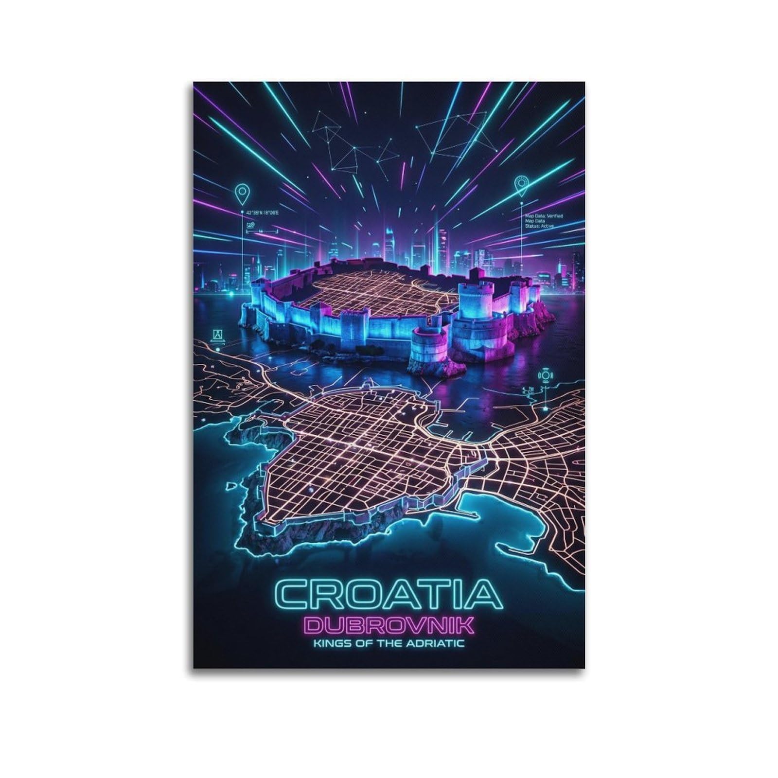 XKUGA Retro Neon Map Gamer Room Poster Croatia Dubrovnik Modern Decorative Canvas Prints - Ideal Wall Art for Family, Man Cave, Game Room, Boys & Girls Bedroom 12x18inch(30x45cm)