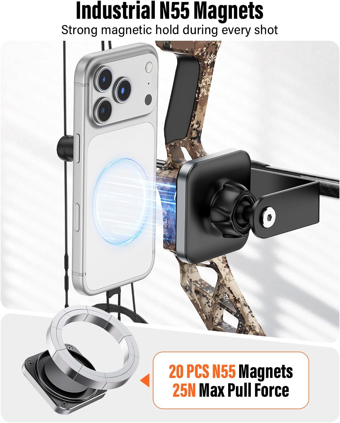 A2C Magnetic Compound Bow Phone Mount, 20 N55 Strong Magnets, Aluminum Alloy Archery Phone Holder with Shock Absorption, 360° Adjustable Bow Phone Mount for iPhone Samsung Hunting Videos