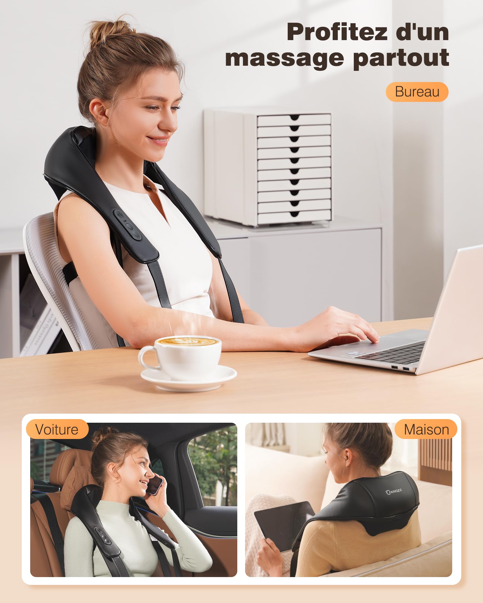 KNQZE® Masseur dos et cervicales, Massage Shiatsu 4D avec pétrissage en profondeur, Chauffage au graphène amélioré, Masseur electrique sans fil, Massage cou, cervical et dos, Cadeau femme homme maman