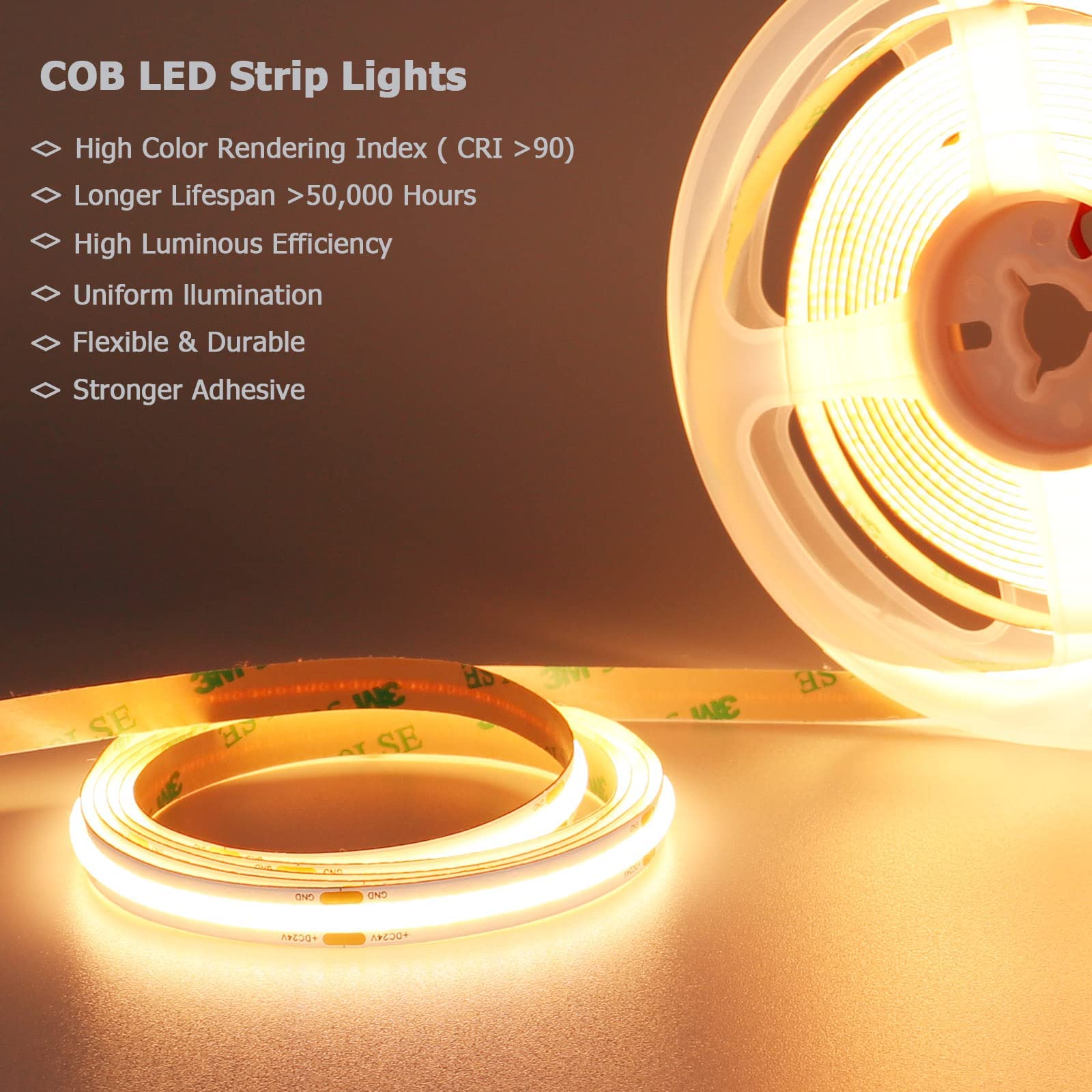 GOMING Taśma LED COB 24V 5M Ciepła Biel 3000K CRI 93+ 4500lm Wysokie Gęstość 480LED/M Jednolite Światło IP20 Nie Wodoodporny Elastyczny Światła Taśmą LED Dla DIY Dekoracja Domu(Brak Zasilania)