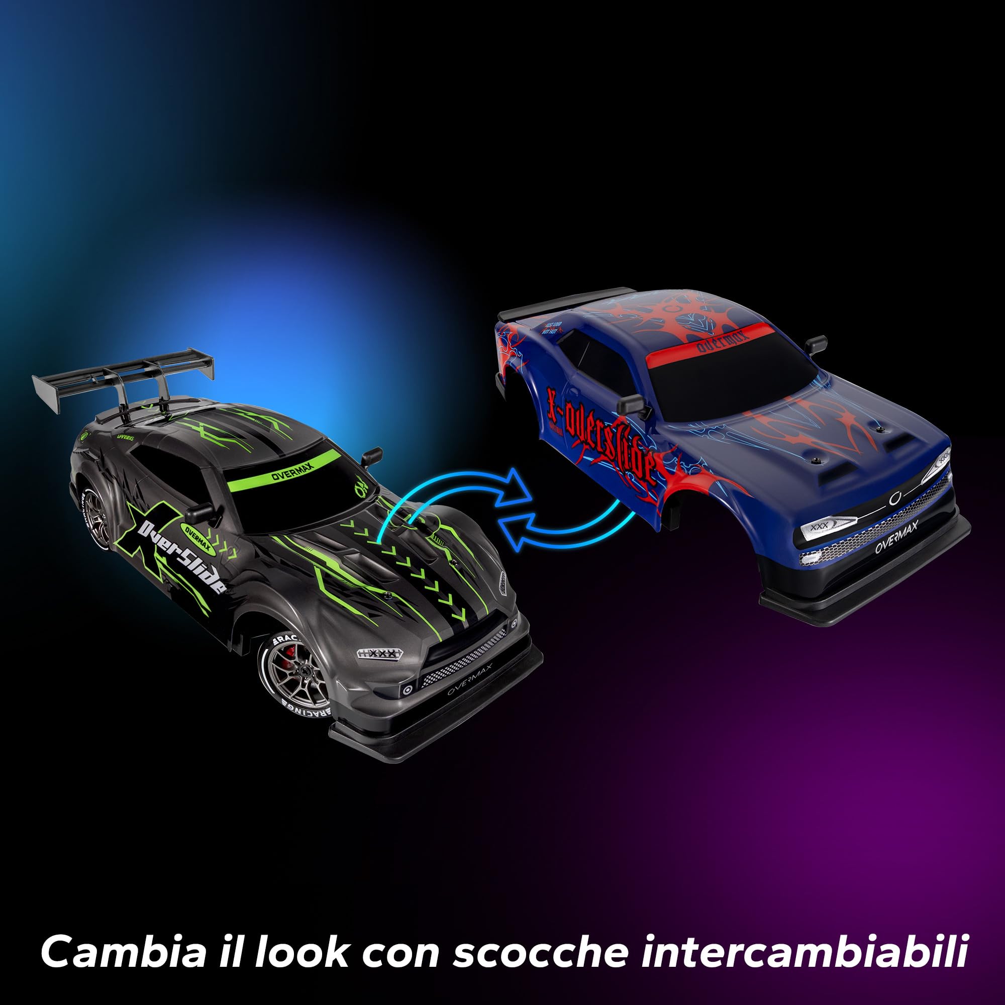 Overmax X-OVERSLIDE Macchina Radiocomandata RC per Drift, Macchina Telecomandata per Bambini 8+, 1:16, 20 km/h Portata fino a 80 m, 4WD, 2 Batterie 500 mAh Set di Ruote e Ostacoli Scocca Accessoria