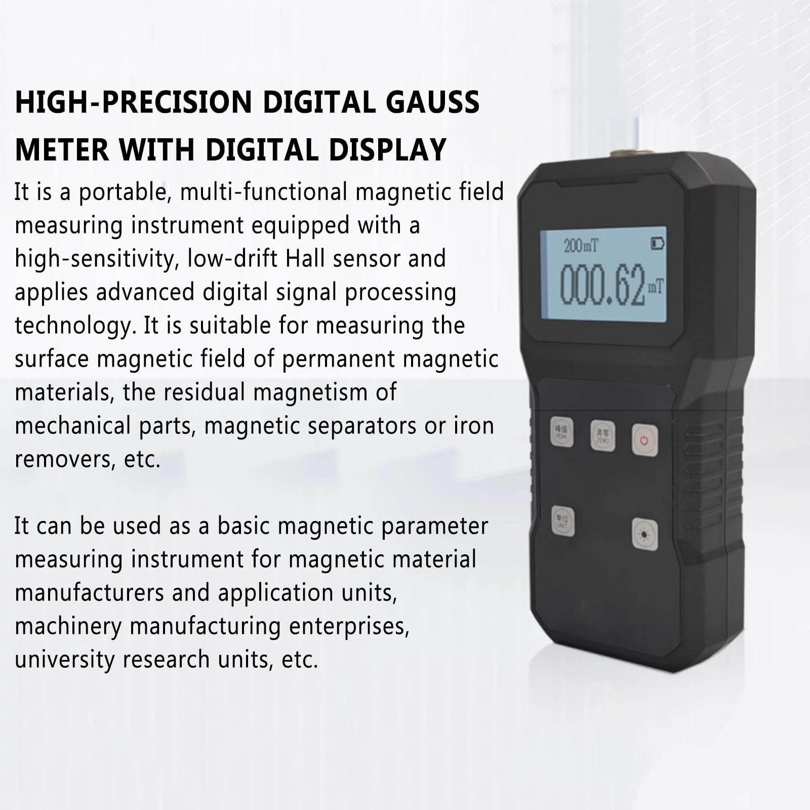 Gaussímetro Digital de Alta Precisión, Medidor de Campo Magnético, Resolución de 0.01mT y Sensor Hall Radial, Conmutable entre mT/Gs, Retención de Pico para Medición de Campos Magnéticos Superficiales