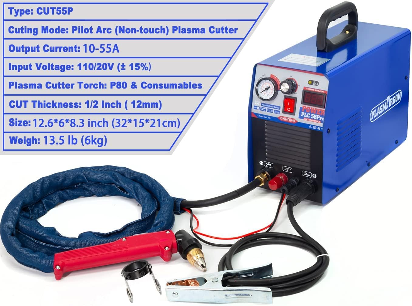 Plasma Cutter Pilot Arc 55A Non-touch Plasma Cutter machine PLC55P Dual Voltage 110V 220V Upgrade DC Inverter IGBT Plasma Cuttering Equipment Digital Display 1/2 Inch Clean Cuts