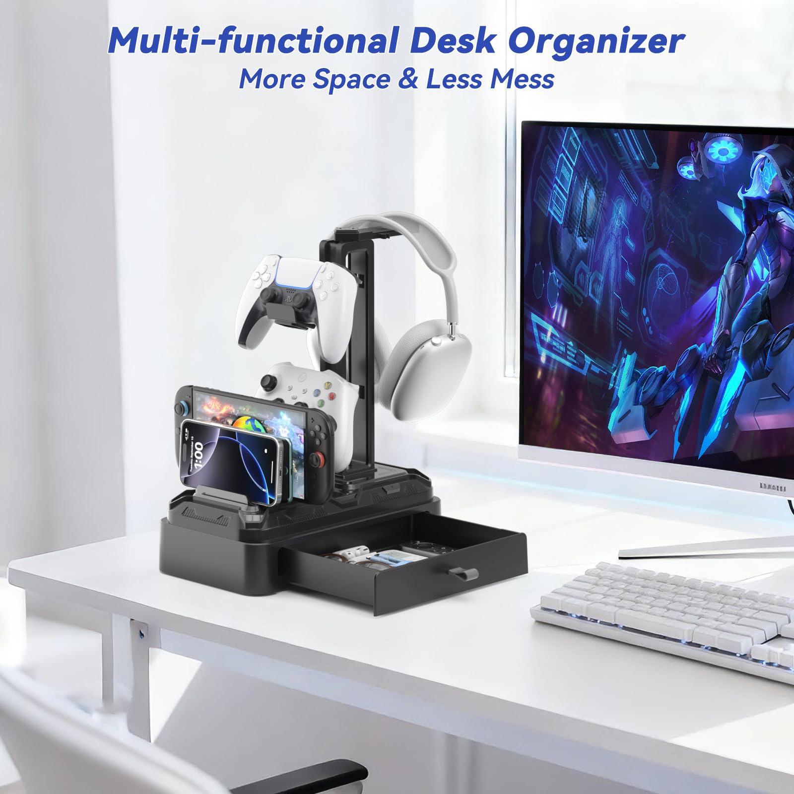 KDD Support Casque avec Tiroir - Porte Casque Rotatif & Manette Amovible pour Bureau - Organisateur Multifonctionnel avec Emplacement pour Téléphones, Tablettes - Accessoires Gaming