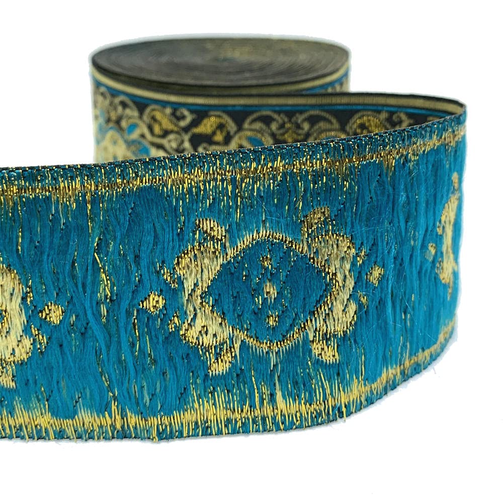 Ribbons For Gift Wrapping Ribbon For Fabric Satin Ribbons Złoto Z Niebieskim Totem Jackiard Splot Wstążką Do Kurtyny I Odzieży Akcesoriów 5 Cm 9Yards / Lot-50Mmx9Yard.