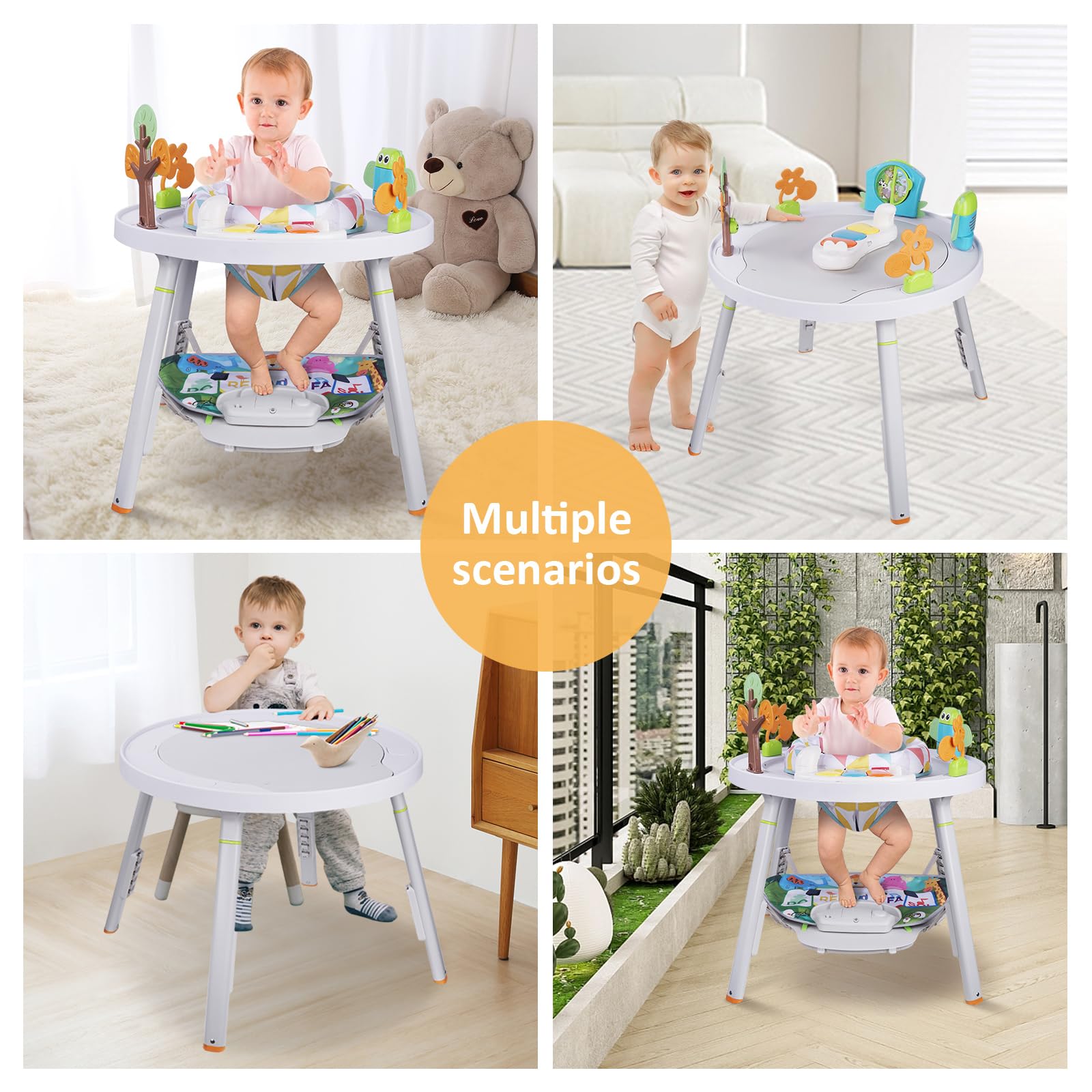 Saltador y Mesa de Actividades 4 en 1 Silla de Comedor Mesa de Juguetes Mesa de Aprendizaje Regulable en Altura Regalo para Bebés