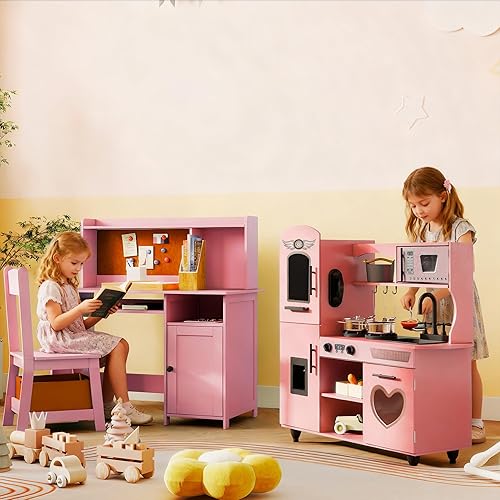 TaoHFE Juego de muebles rosados para niños juego de mesa y silla de madera para niños con juego de cocina de madera para niñas, regalo
