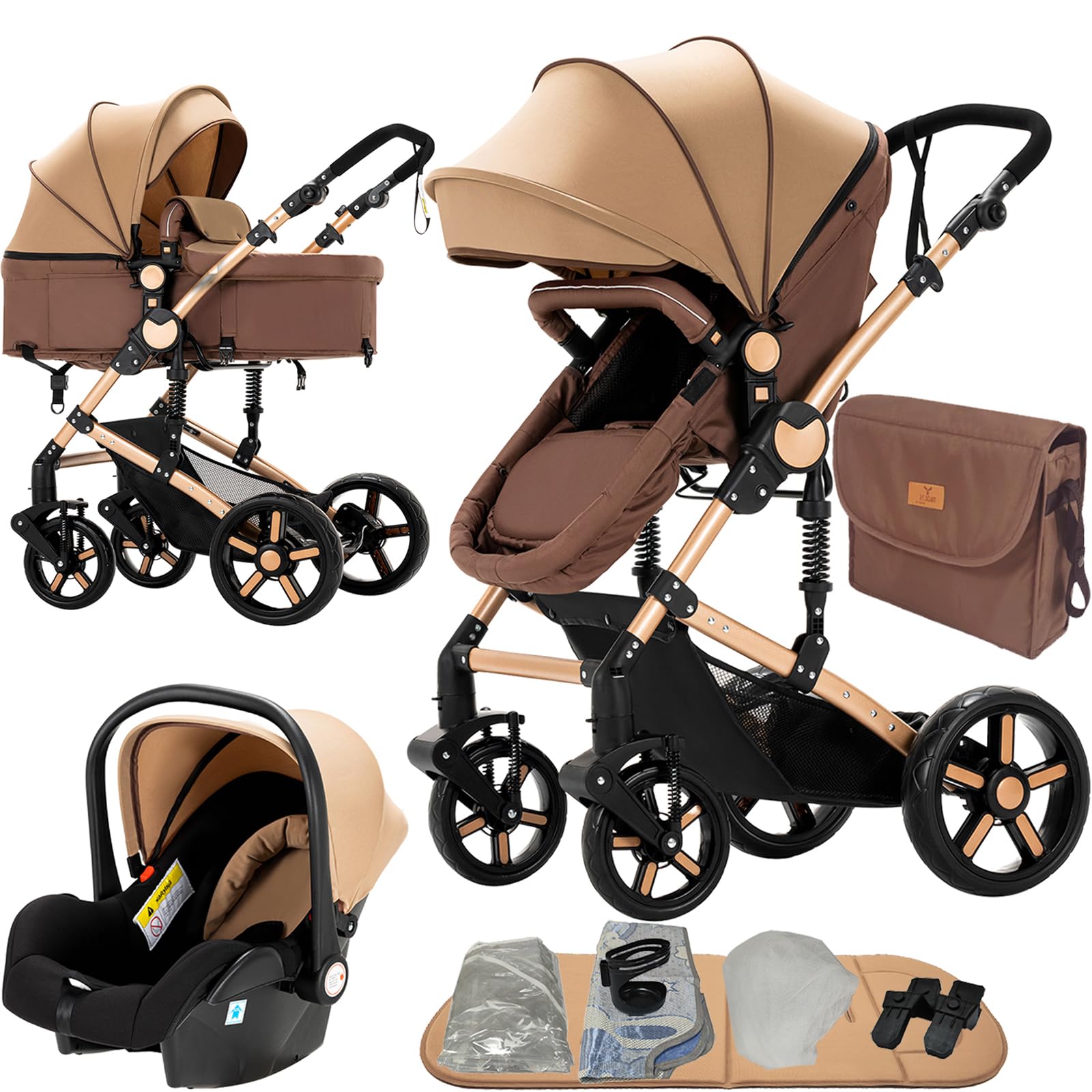 Nine point nine Carrito Bebe 3 en 1, Carricoche Bebe 3 Piezas con Capazo Grande Cómodo, Carro Bebe 3 Piezas Empuje Bidireccional Reversible, Cochecito Bebe Marco de Aleación Aluminio (588 Khaki)