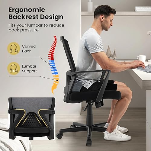 Miniatura 8 de Giantex Silla de escritorio de oficina con soporte lumbar, silla de oficina ergonómica de malla con ruedas y reposabrazos, silla de trabajo