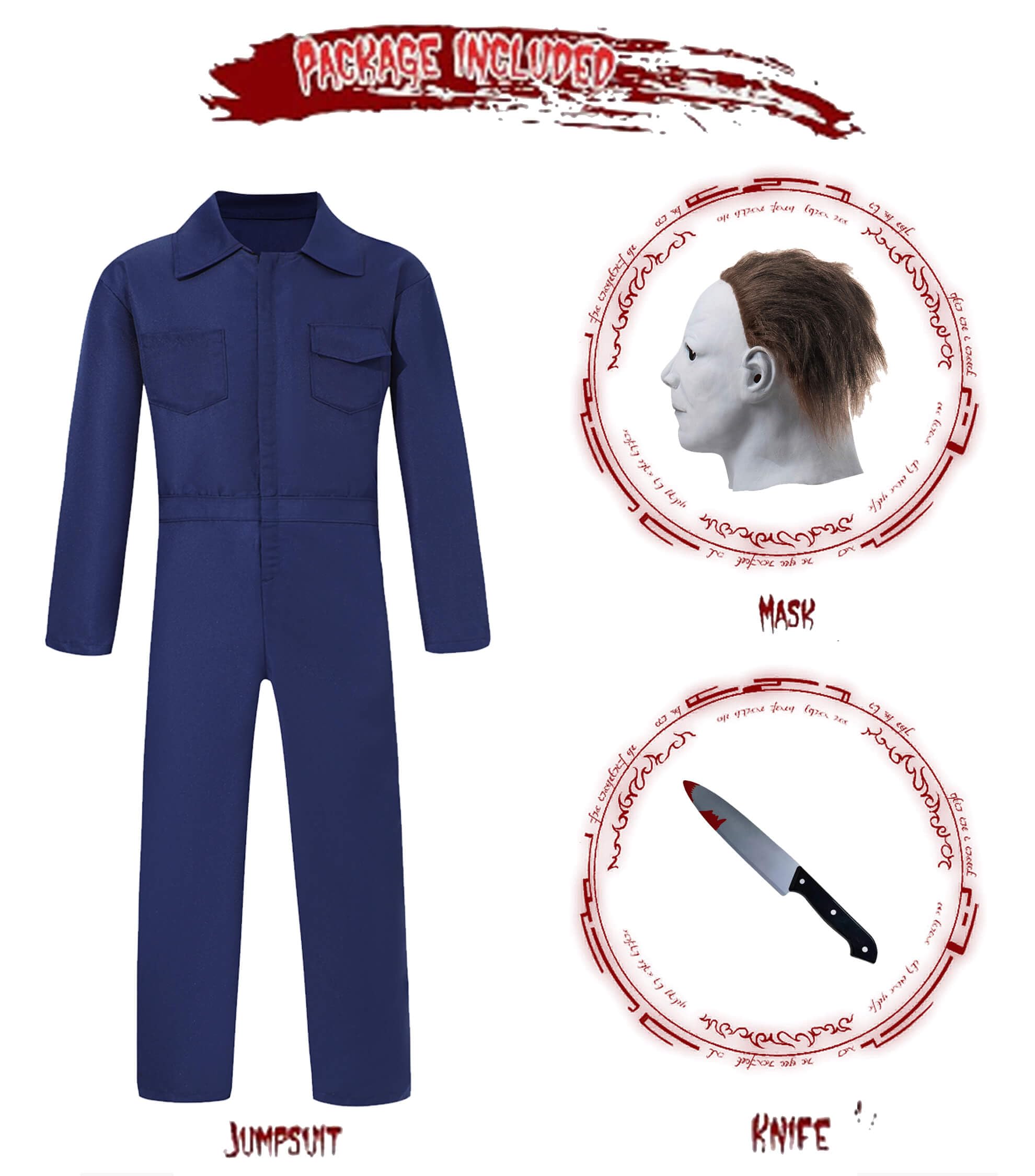 Granatowy kombinezon dla dorosłych - kombinezon zabójcy na Halloween, z maską i nożem zabawkowym, horror, cosplay
