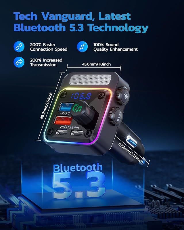Nulaxy 54W Bluetooth 5.3 FM Transzmitter Autóba - 4 Töltőporttal (PD 36W & QC3.0 18W), 5 Színű LED Háttérvilágítás, Mélyhangzású Lejátszó, K