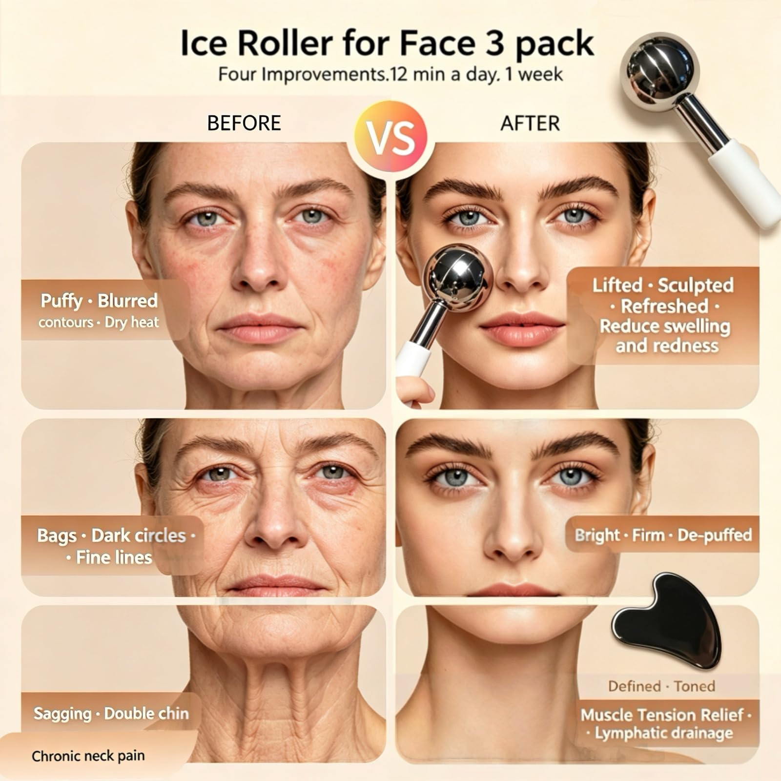 Ice Roller for Face & Eyes, Stainless Steel Ice Globes with Gua Sha Set, 3-Piece Facial Kit for Puffiness, Depuffing and Lymphatic Drainage, Cryo Facial Massage Tools, Neck & Jawline, Home Spa Gift