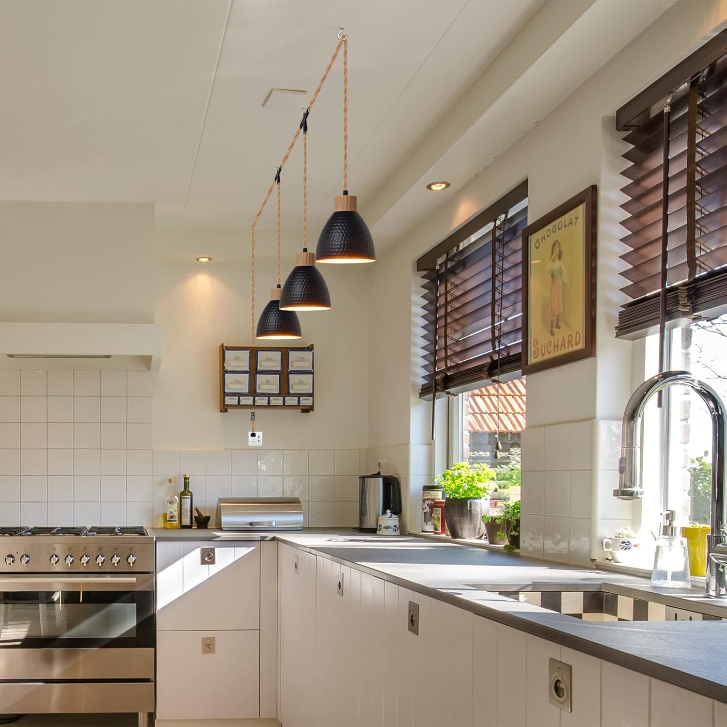 3-Light Plug in Pendant Light 22FT Industrial Hanging Lamp with Twisted Hemp Rope Independent Triple Switch Hanging Light Chandelier for Dining Room Kitchen, Black Finish