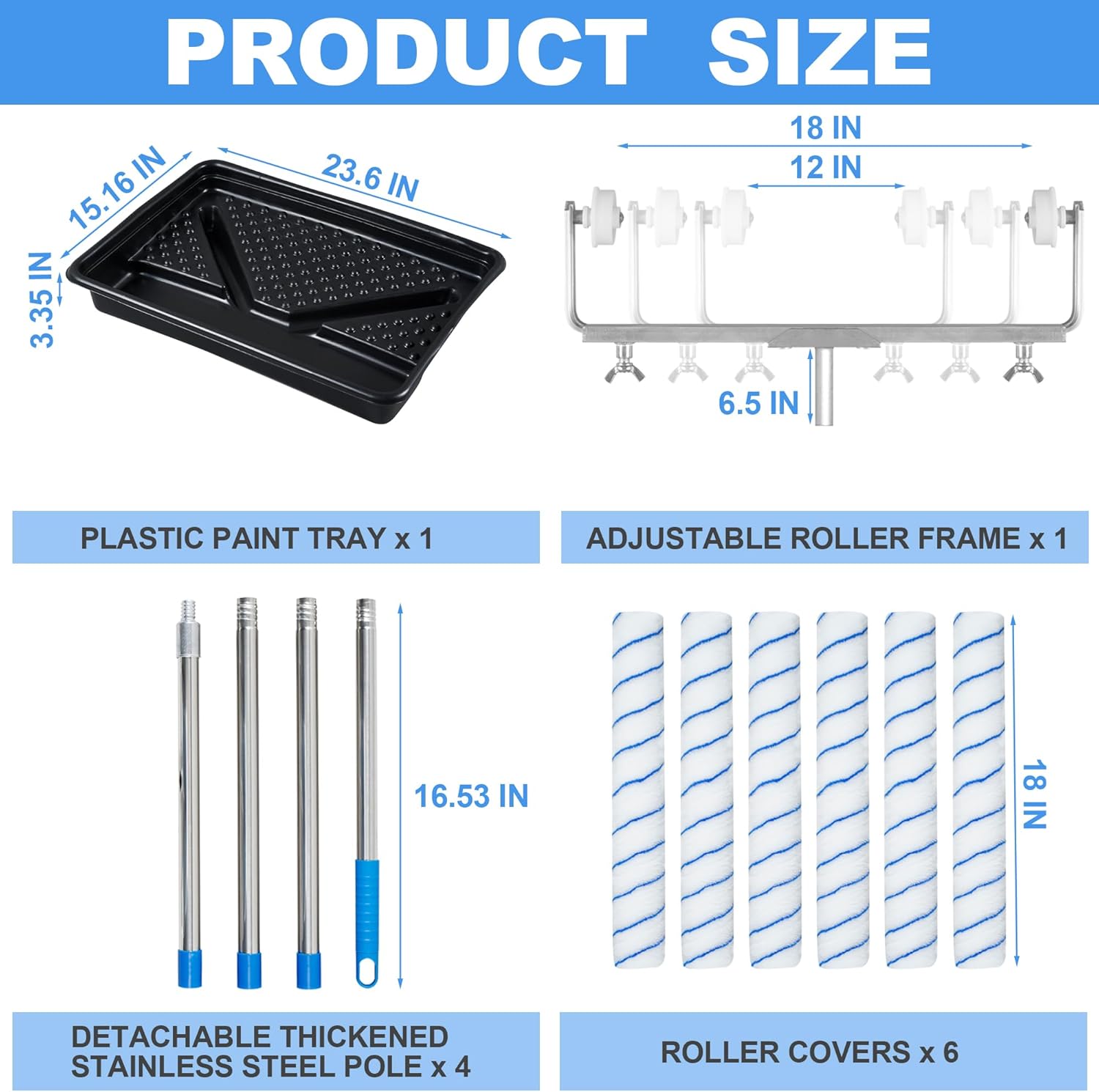 12 Pcs 18 Inch Paint Roller Kit, 12-18" Adjustable Roller Frame & Extendable Pole, Large Paint Roller Sleeves with Tray, Ceiling Paint Roller Set for Walls