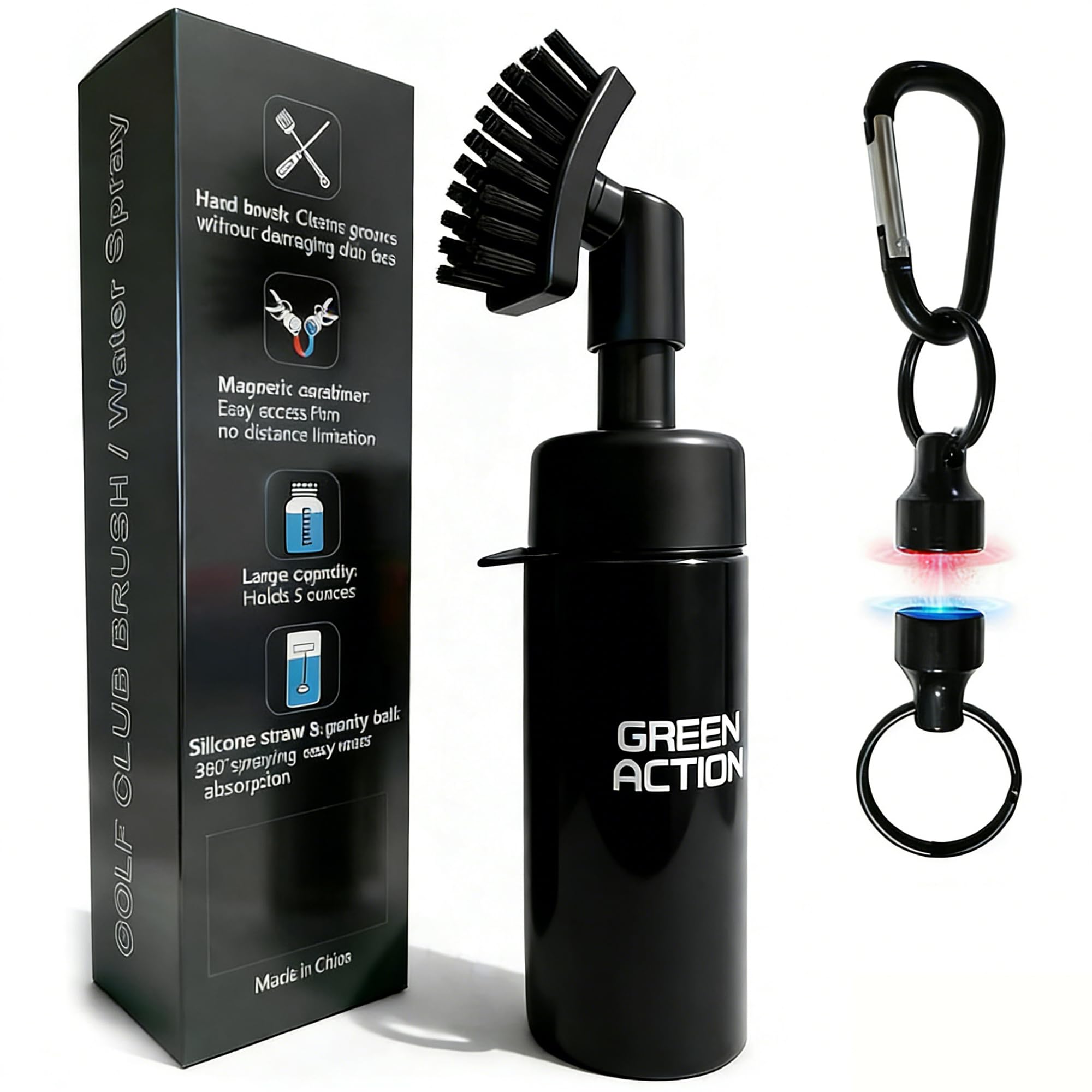 GREEN ACTION Golf Club Brush with Magnetic Clip & Water Sprayer - 5oz Capacity, Stiff Bristles for Deep Cleaning, Silicone Hose & Gravity Ball for