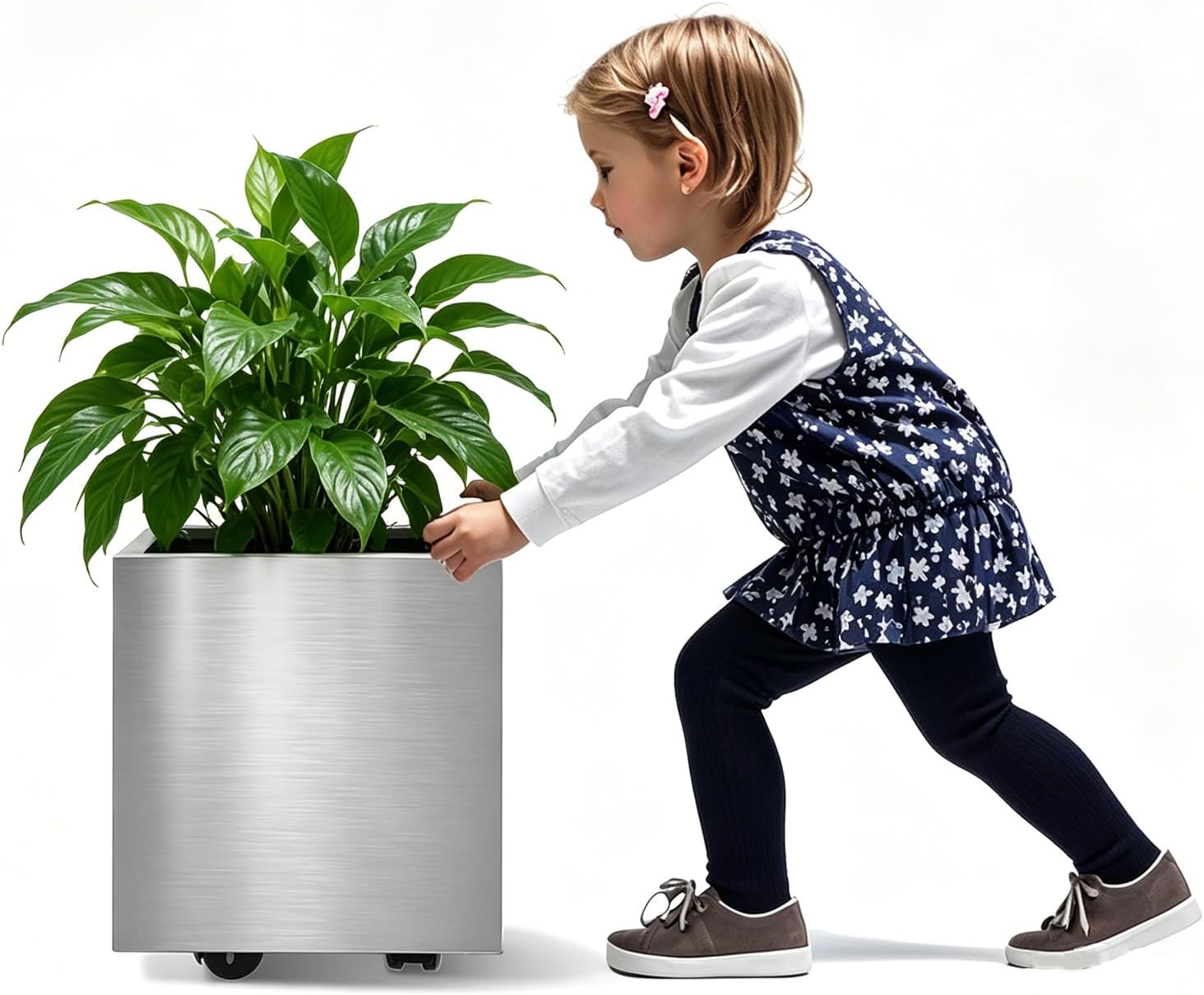 10" Square Stainless Steel Planter with Wheels, Heavy Duty Rolling Plant Pot with Water Tray for Indoor Outdoor Orchid, Large Plants, Home Patio Garden