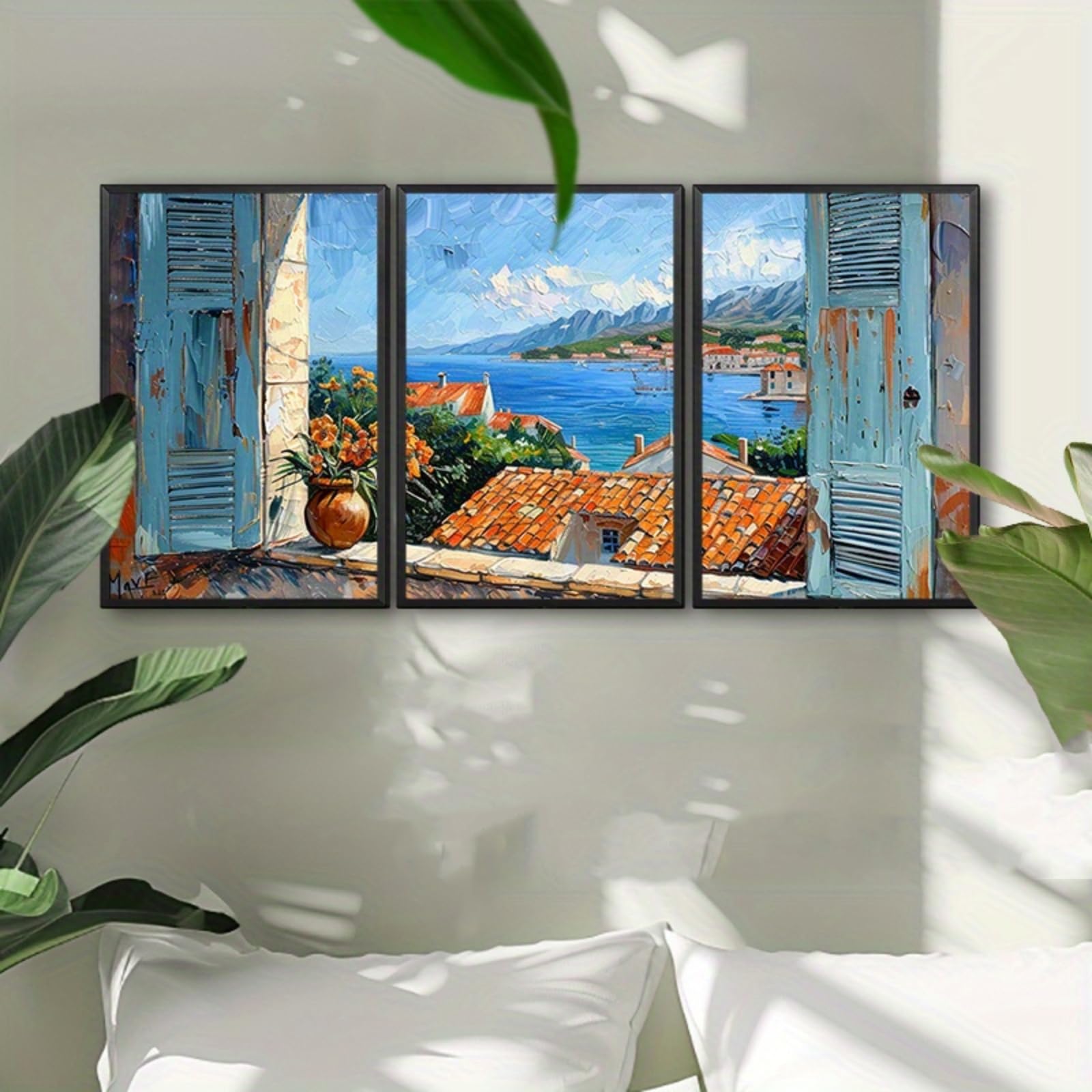 ZBELLO Set of 3 Posters, Mediterranean Window Sea View Canvas Wall Art, Frameless Oil Painting Style Coastal Prints for Living Room Kitchen Holiday Home Decor (30 x 40 cm (unframed))