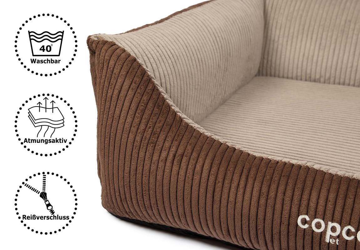 CopcoPet – Cama ortopédica para perros Kyra en tejido de pana S 70 x 55 cm marrón/beige – Cojín para perros de viscosa con funda extraíble y lavable – Cesta para perros con bordes elevados y base