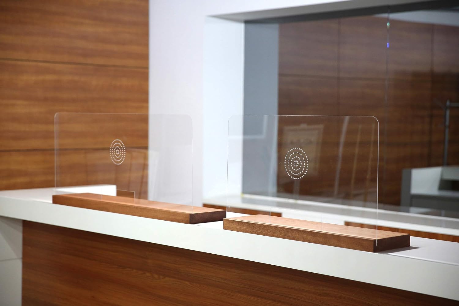 M&T Displays 39.37x17.02 Inch Countertop Divider Desk Separator Table Barrier Guard Screen Wooden Base Speaker Holes Paper Slot, Acrylic Protective Separation Screen Window... - Image 5