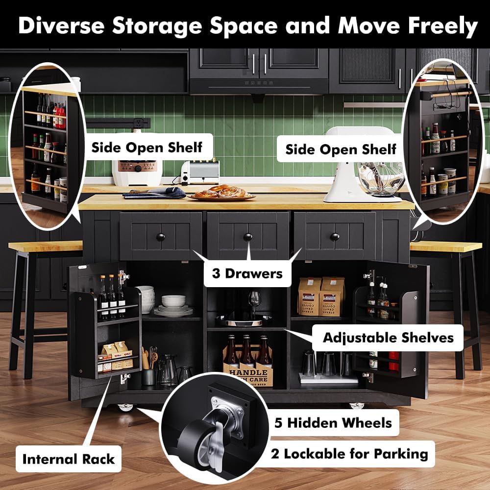 Rolling Kitchen Island with 2 Bar Stools, Kitchen Cart on Wheels with Drop Leaf, Mobile Kitchen Storage Cart with Power Outlet, 53 Inch Width (with 2 Bar Stools: Black)