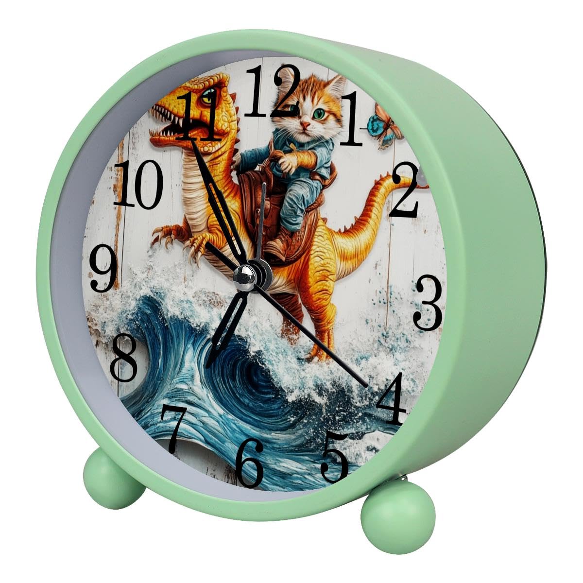 Luoweisi Alarm Clock Cat Riding Dinosaur on Rustic Plank, Silent Non-Ticking with Night Light, Round Metal Alarm Clock for Office, Battery Operated, Bedroom, Elderly, Adults, Children, Student Gifts