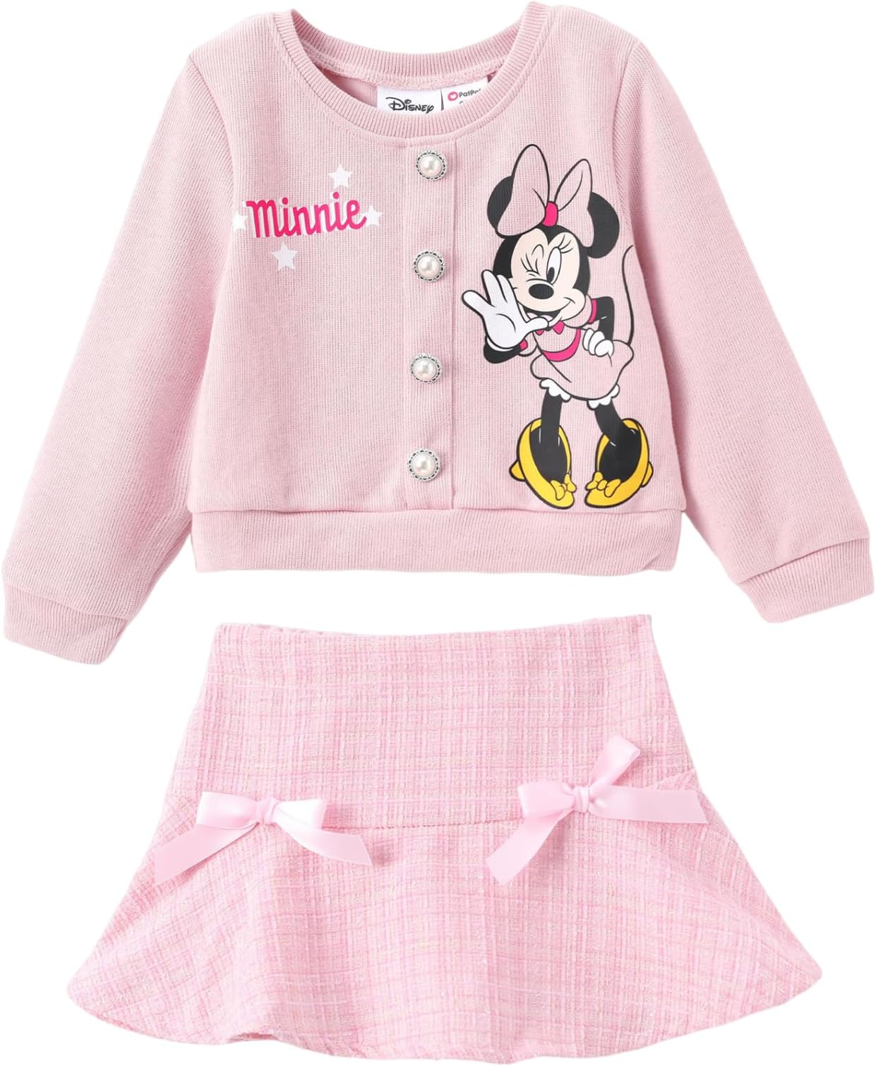 Frozen Elsa Stitch Princess Moana Minnie Toddler Girl 2 Piece Outfit Kid Pearl Button Knit Top & Tweed Skirt Set 2-13Y