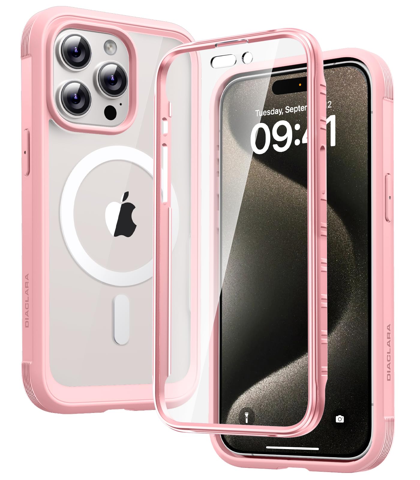 Diaclara Magnetic for iPhone 15 Pro Case with Screen Protector,Pink