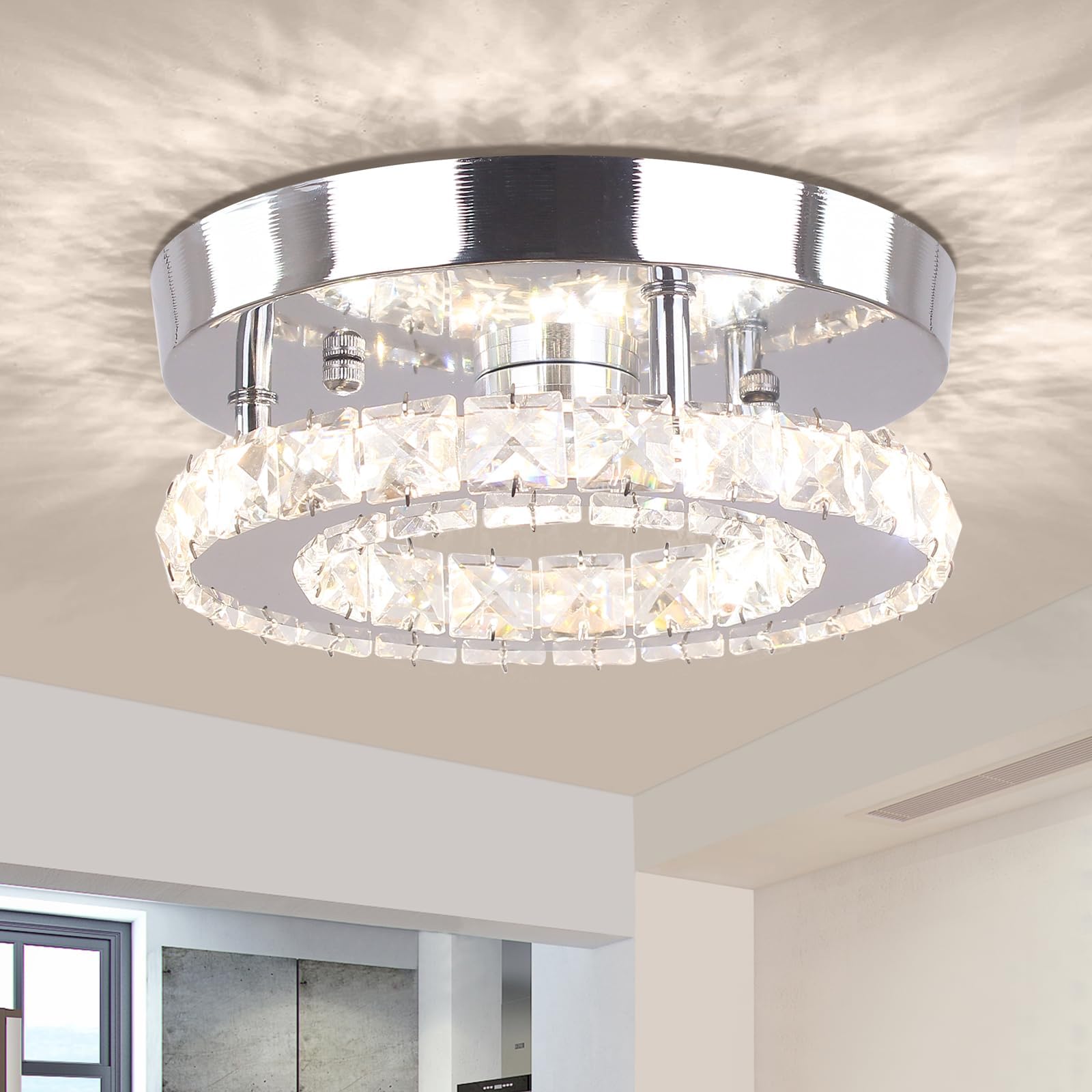 diisunbihuo Modern Mini Crystal LED Ceiling Light 25 cm, Dimmable with Remote Control, Stainless Steel Finish, Round Flush Mount for Hallway/Bedroom