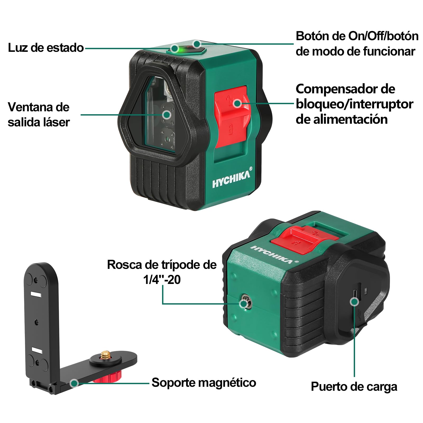 HYCHIKA Nivel Láser Verde 45M, USB Carga, Láser Autonivelante, IP54 en Exteriores, 2 Láser Módulo Línea Cruzado Vertical/Horizontal, Soporte Magnético, 360°Rotante