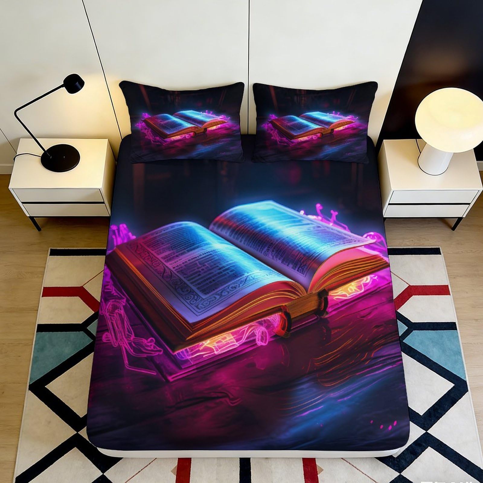 3D Printed Magic Book Fitted Sheet Microfiber Deep Pocket Non-Slip Bedding Magic Book Mattress Fitted Cover Washable Soft for Adults Teens Bedroom 90x200x25cm