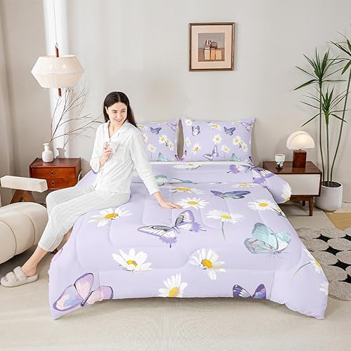 Manfei Juego de edredón morado tamaño individual, juego de ropa de cama con flores de margarita y mariposas de 2 piezas para decoración de