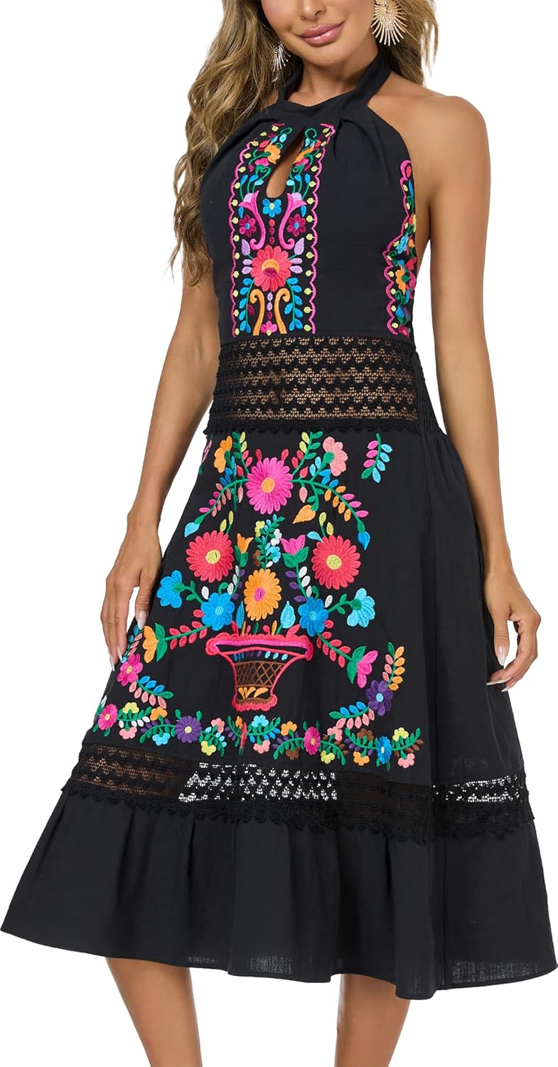 Mexican Dress Embroidered Casual Halter Off Shoulder Maxi Cocktail Dresses Sexy Dress for Women Date Night