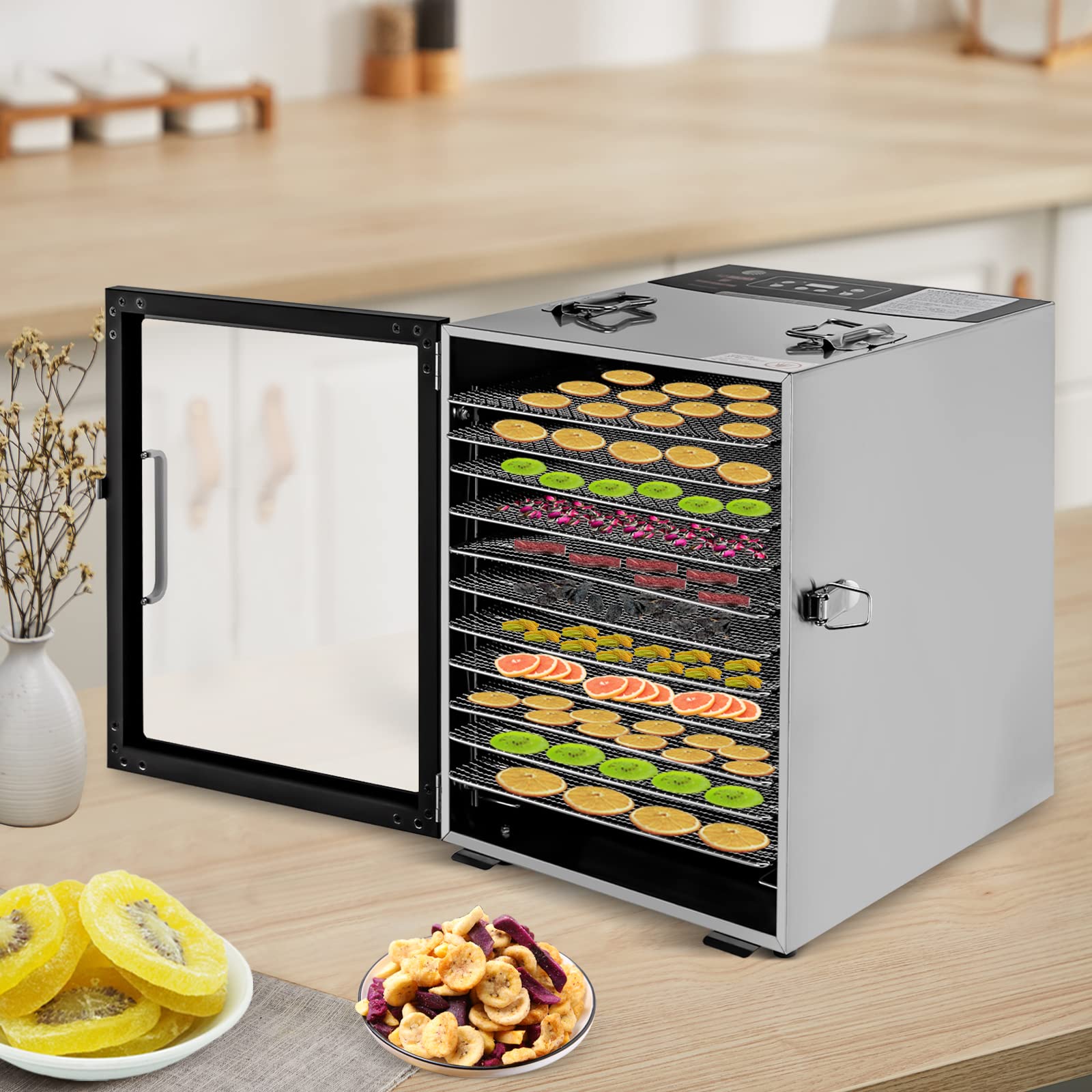Suszarka do suszenia w zamrażarce, 800 W, 12 misek, 30-80 °C, czarno-srebrny, do warzyw, owoców, mięsa, do domu lub pracy