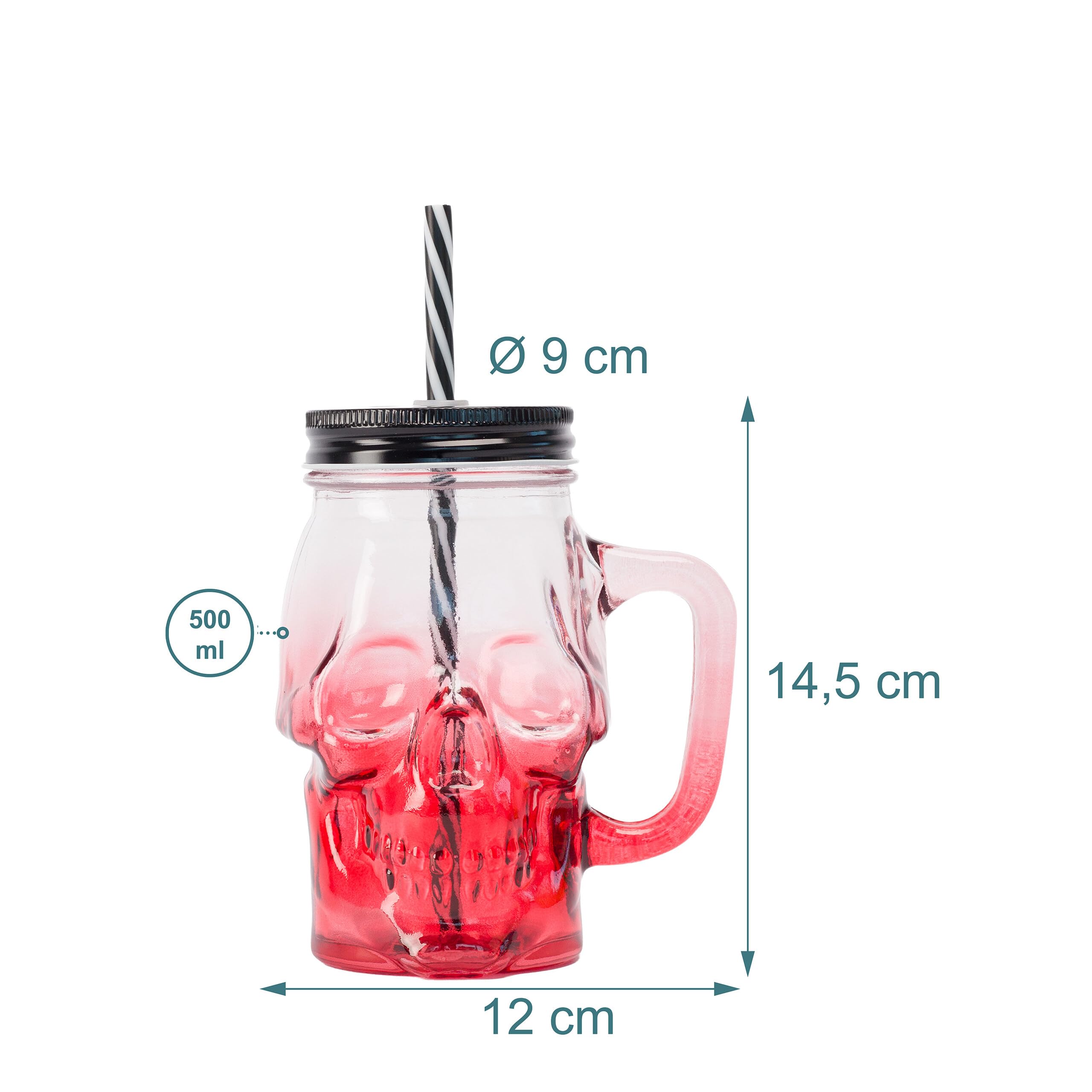 Relaxdays Bicchieri con Coperchio, Cannuccia e Manico, 4 Pezzi, 500 ml, Teschio, Tappo a Vite, Vetro Multicolore