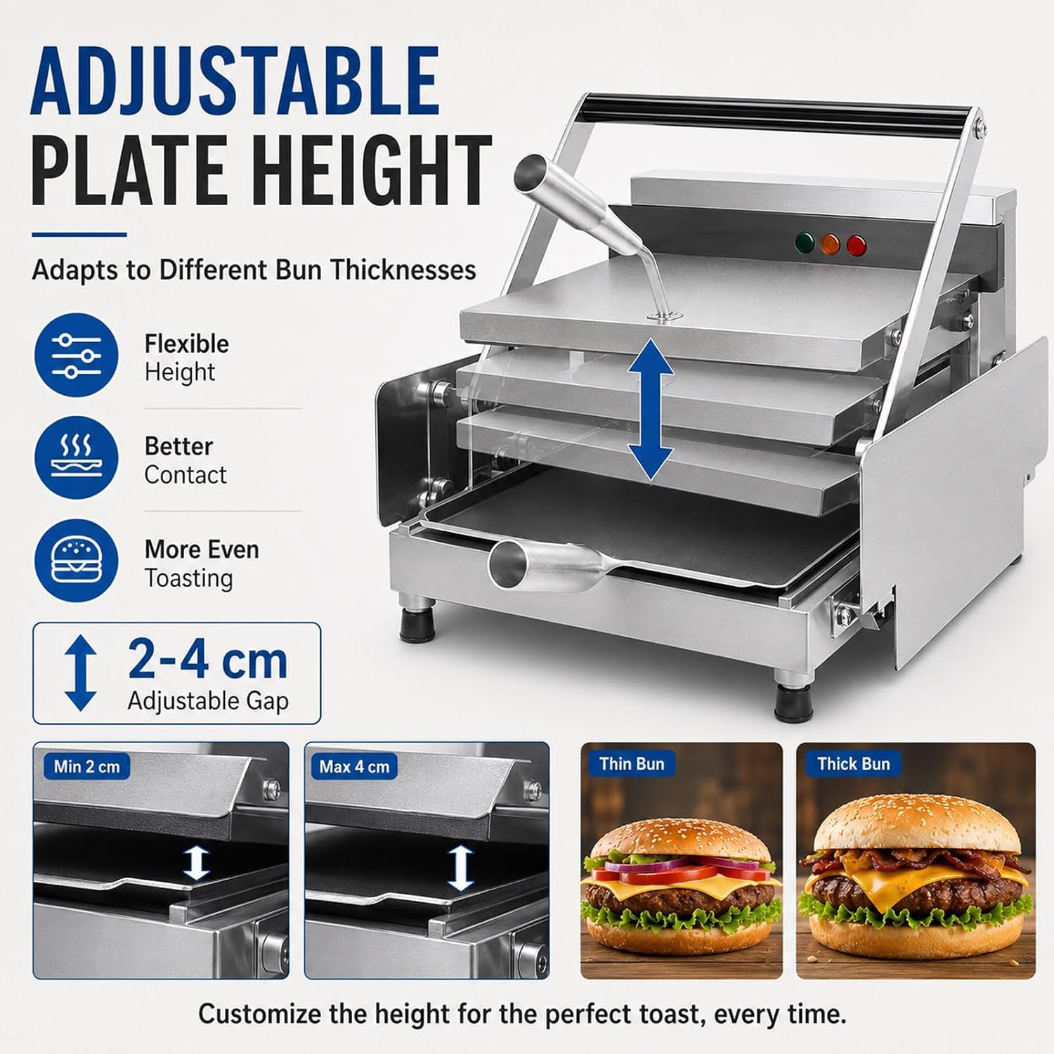 TYH Piastra per Panini da Banco in Acciaio Inox, Tostapane Commerciale A Doppio Strato per Hamburger, Timer da 0 A 3 Minuti, Controllo della Temperatura da 0 A 300 °c, con Piastre Riscaldanti