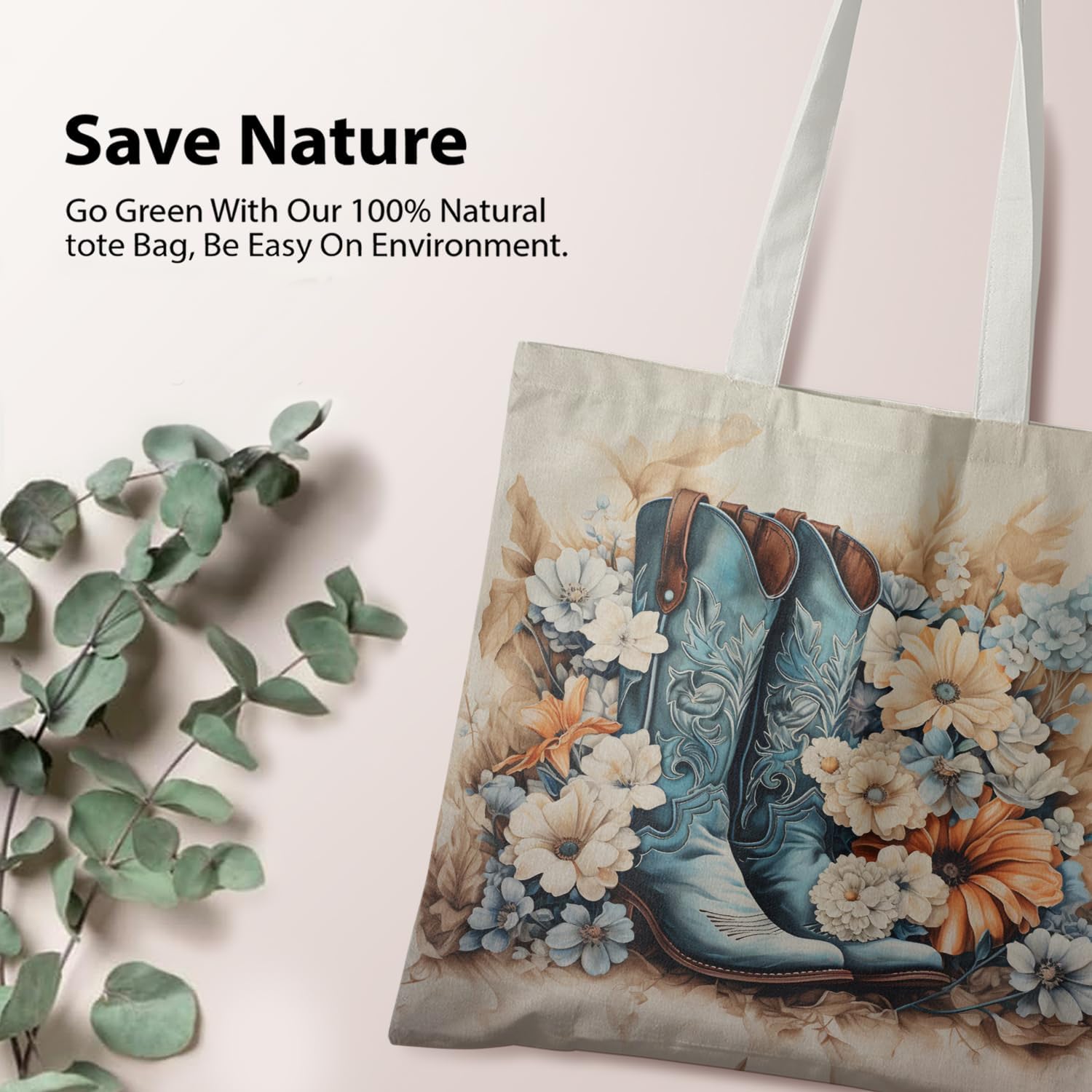 Western Cowboy Cowgirl Boots Canvas Tote Bag For Shopping Market Work,Western Cowgirl Cowboy Gifts image 3