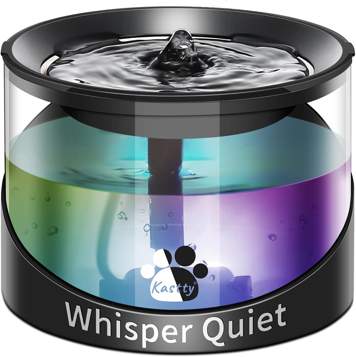 Kastty Fuente de agua para gatos, fuente de agua para mascotas para gatos en interiores, dispensador de agua para gatos de 2,2 l/74 oz, súper silenciosa, bomba de larga duración, negro+luz LED colorida