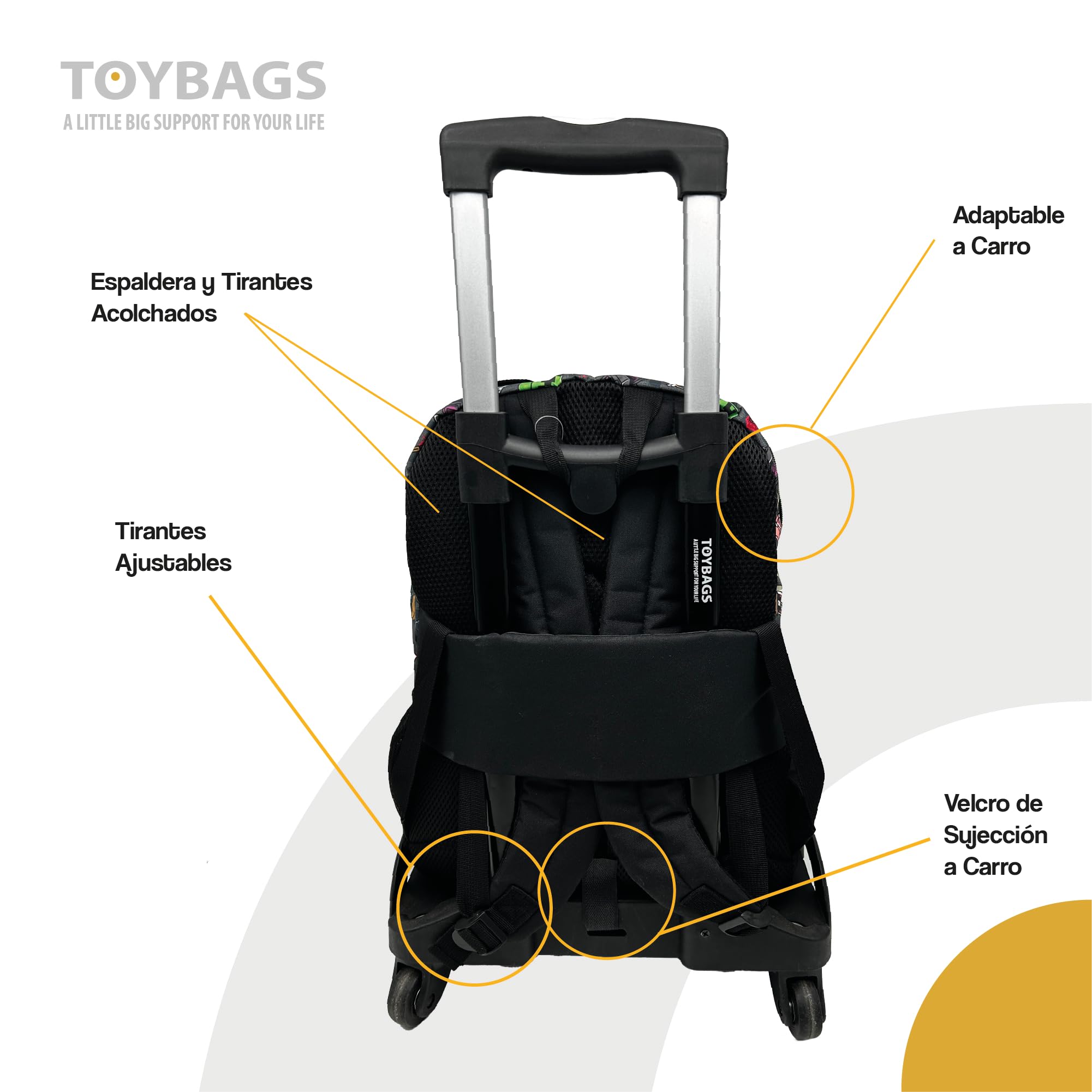 ToyBags Mochila Escolar Minecraft Pixel 25 Doble Compartimento Adaptable con Carro Negro con Protección Lateral y Stoper Frontal Anti Caída 4 Ruedas Giratorias 44 x 30 x 20 cm