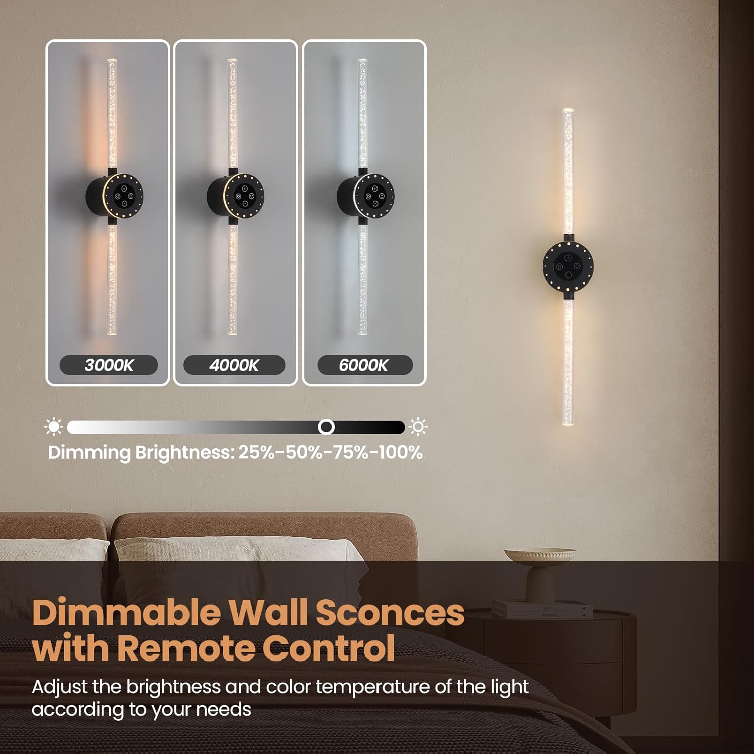 Wireless Wall Sconces Set of 2, Black Battery Operated Wall Lamps with 8000mAh Battery, Rechargeable Dimmable LED Wall Lights, Touch/Remote Control, 360°Rotate, 22.5 Inch