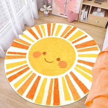 Kids Rug Boho Sun Mat 4Ft Round Sunshine Bedroom Carpet for Boys Girls Circle Nursery Mat for Playroom, Washable Sun Area Rug for Classroom Living Room, Childrens Rugs, Orange Yellow