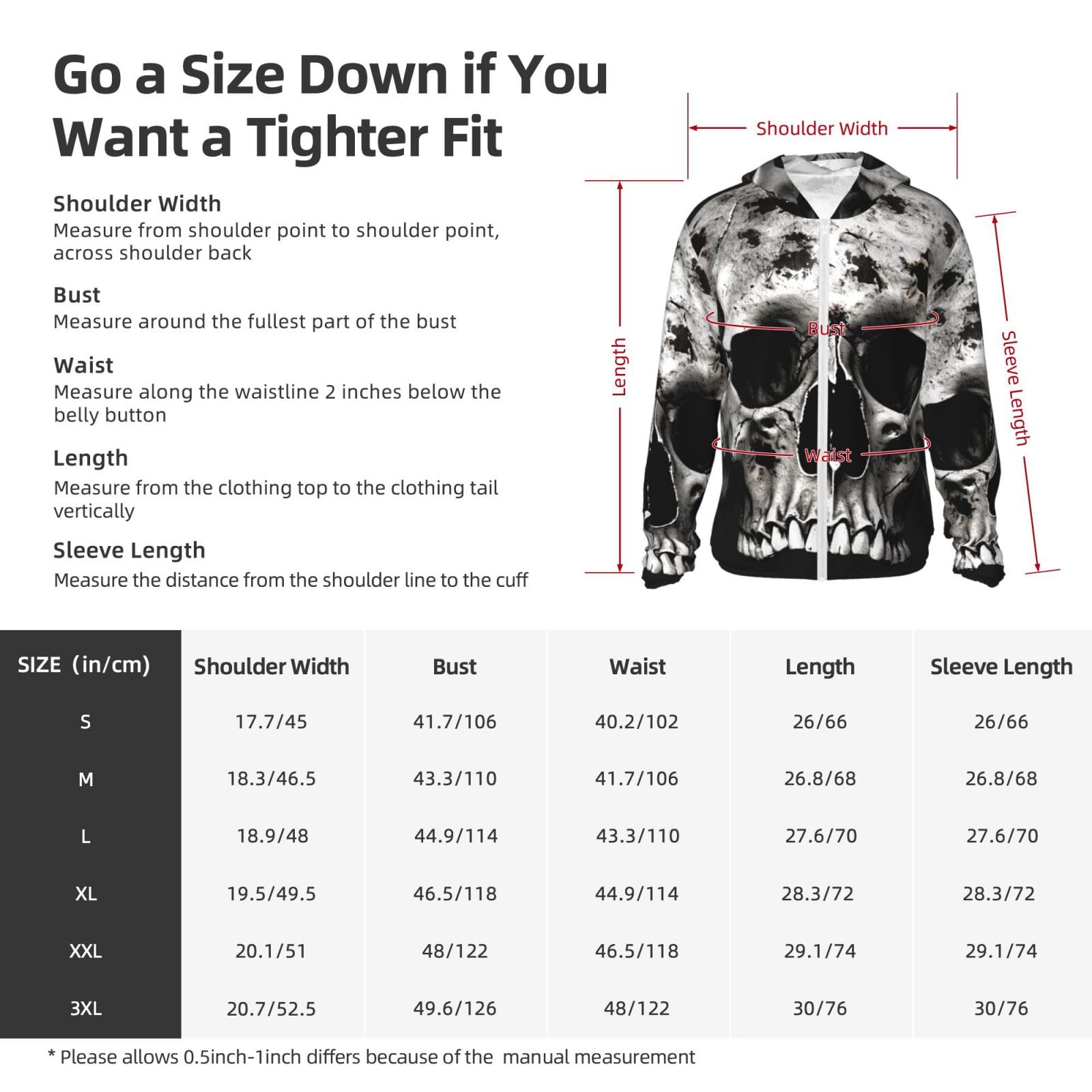 LZQPOEAS Sun Protection Hoodie Black and White Human Skull Jacket Lightweight Long Sleeve Sun Shirts for Outdoor Hiking Small