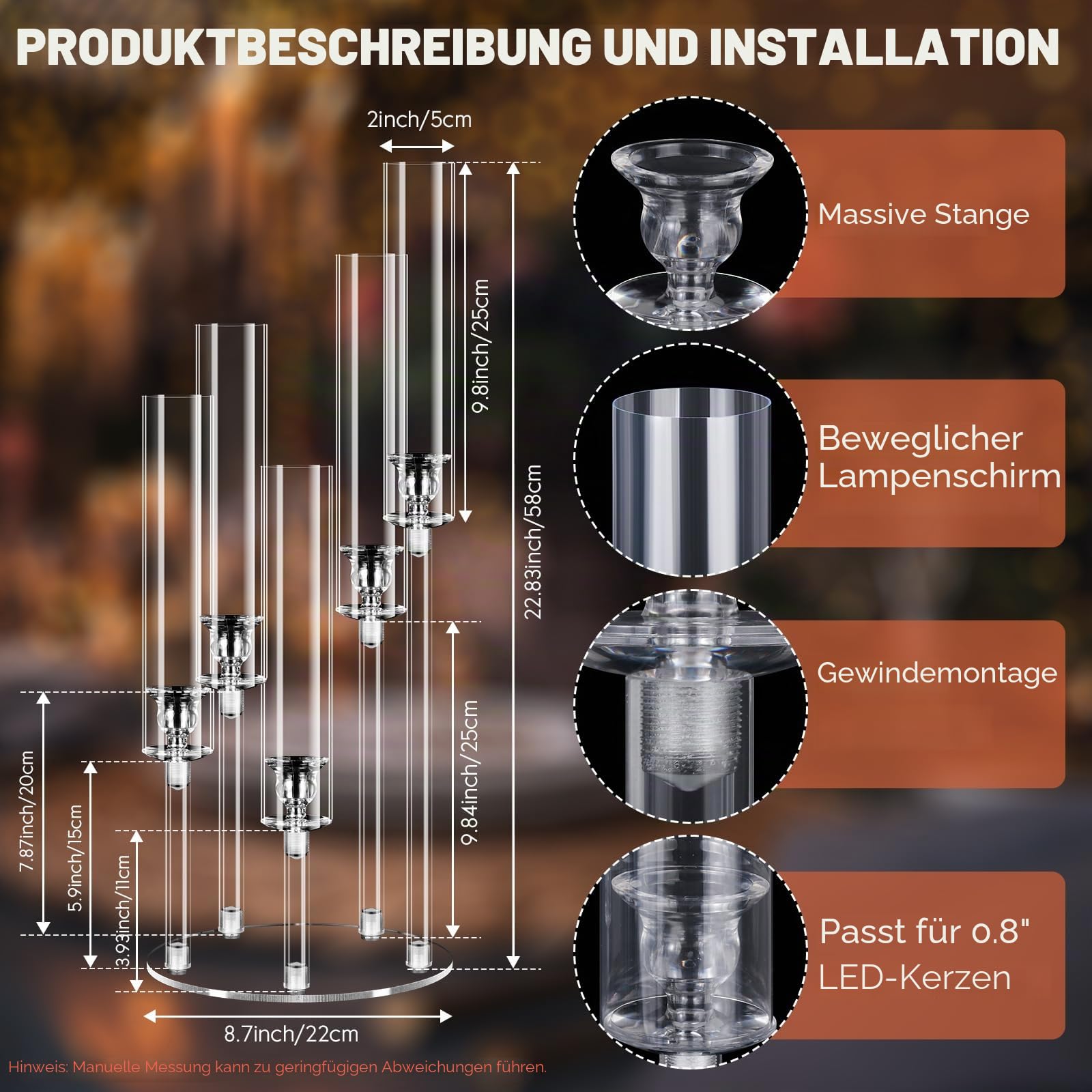 2 Stück MSDADA 5-armige Acryl Kerzenständer Set 58 cm Hoch, Transparente Kandelaber für Tischdeko Mittelstück, Hochzeitsdeko Weihnachtsdeko Kamin Deko, für LED Kerzen 2 cm