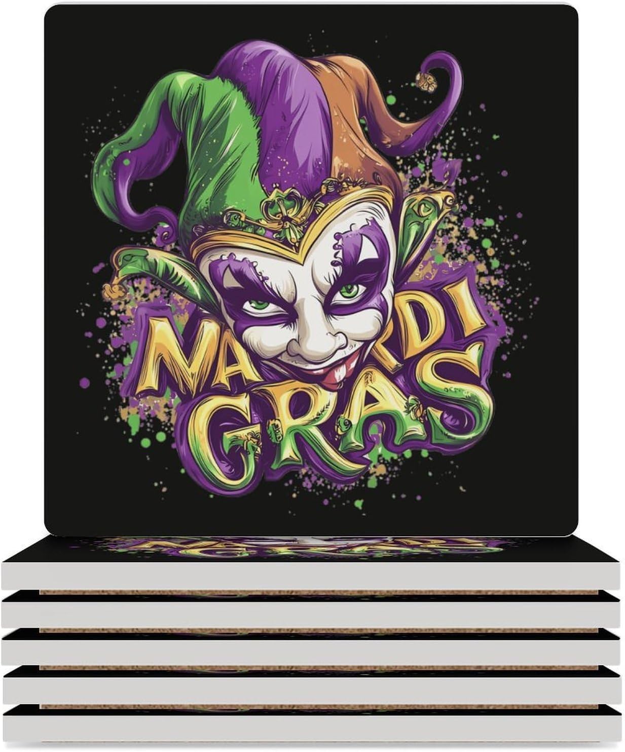 Mardi and Gras Jester Mask Funny Ceramic Coasters for Drinks Absorbent Cup Holder Tabletop Protector with Cork Base