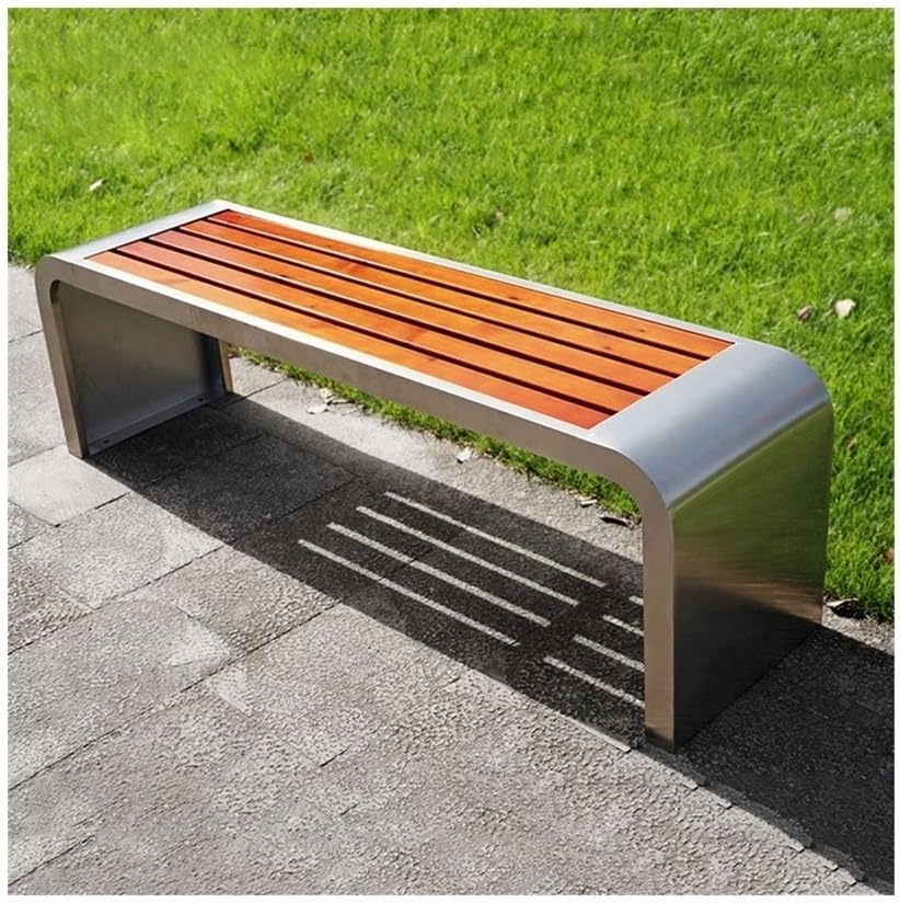 Outdoor Benches U-Shaped Backless Stainless Steel Frame Wooden Seat Plate Outdoor Bench Courtyard Garden Bench(Small)