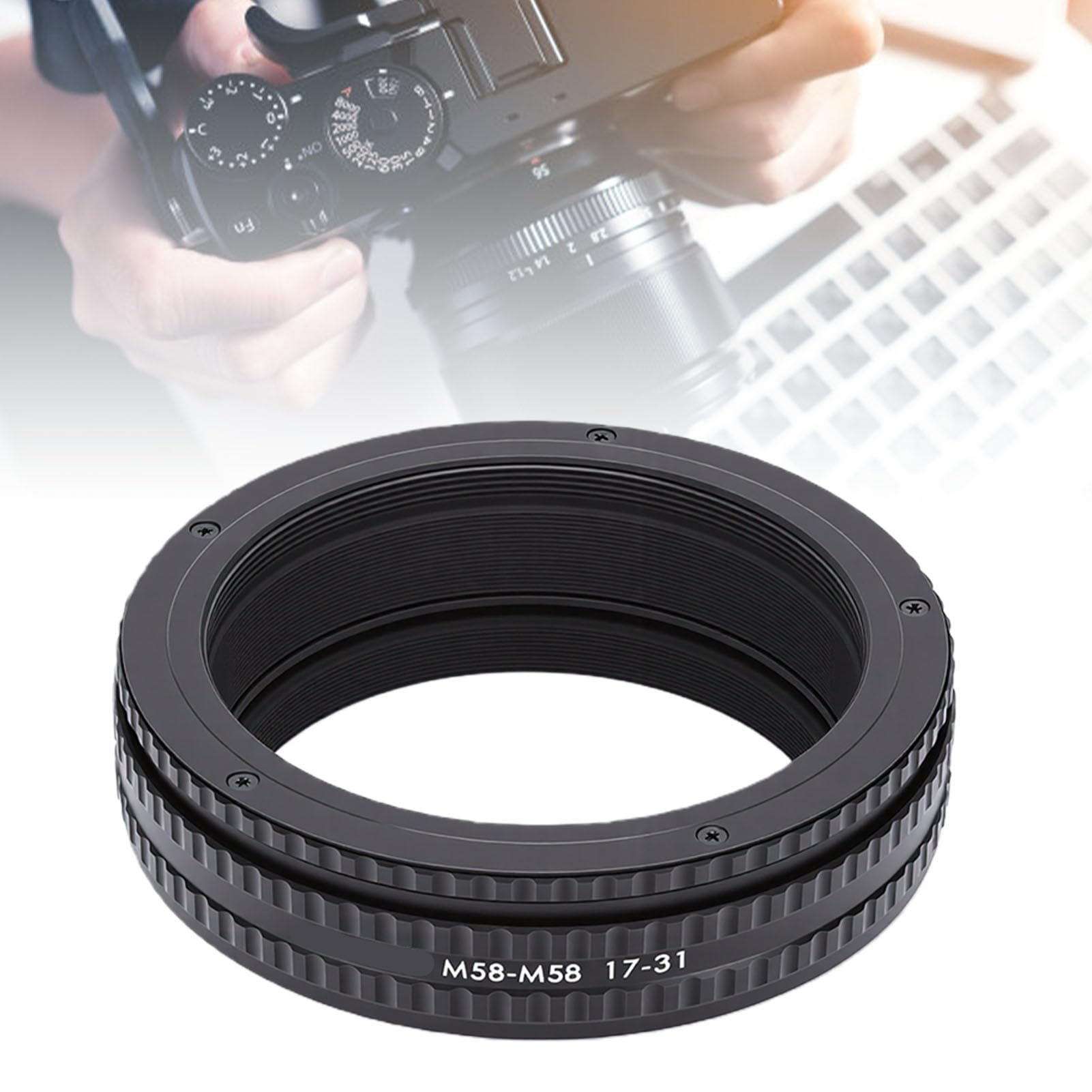 Adaptador Helicoidal de Enfoque, Adaptador de Rosca Universal M58 de Rango Ajustable de 17 a 31 Mm, Tubo de Extensión Macro con Interior Antirreflectante para Fotografía Macro y Montaje de