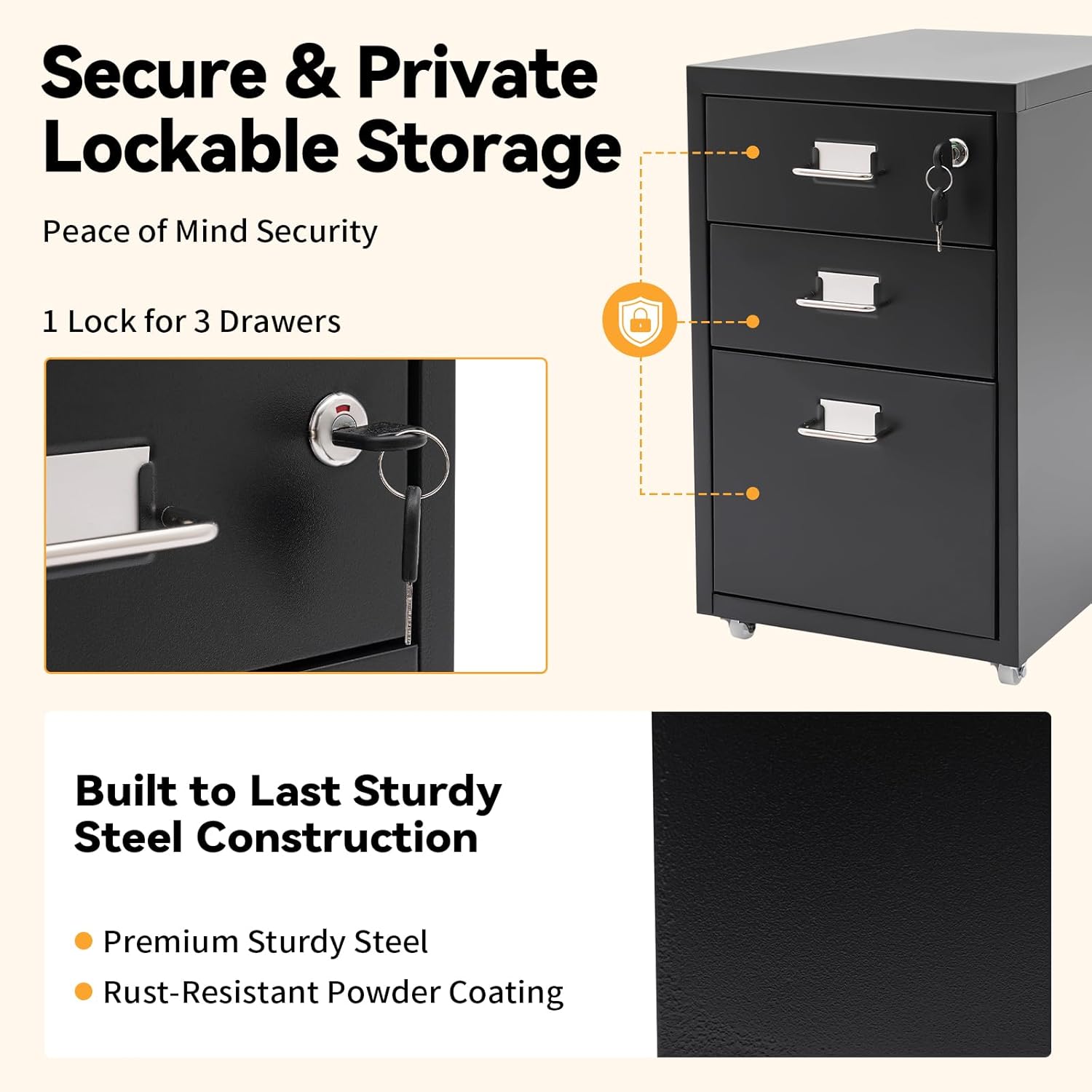 3 Drawer File Cabinet, Lockable Small Filing Cabinet for Home Office, with Wheels, Fits A4 / Letter Size, Steel Office File Cabinets (Black)
