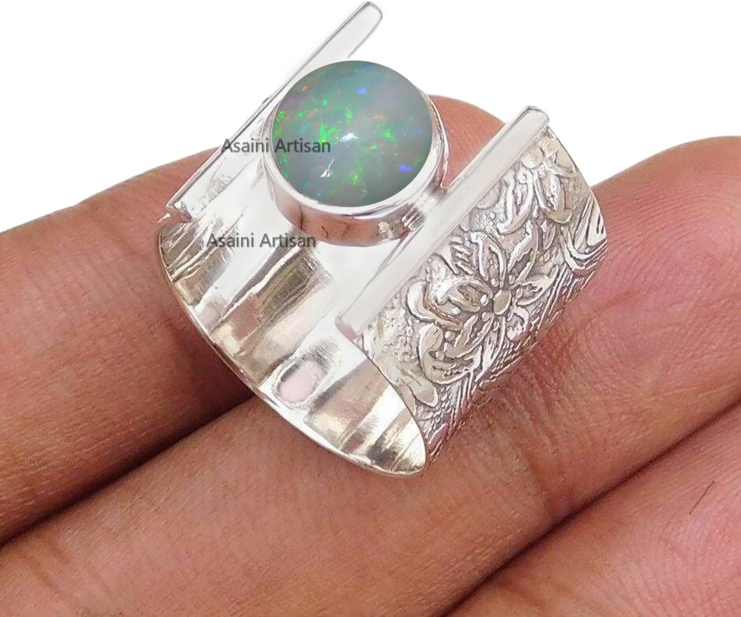 7MM Round Gemstone 925 Sterling Silver Gift Rings for Womens, Floral and Leaves Engraved Ring for Every Occasion